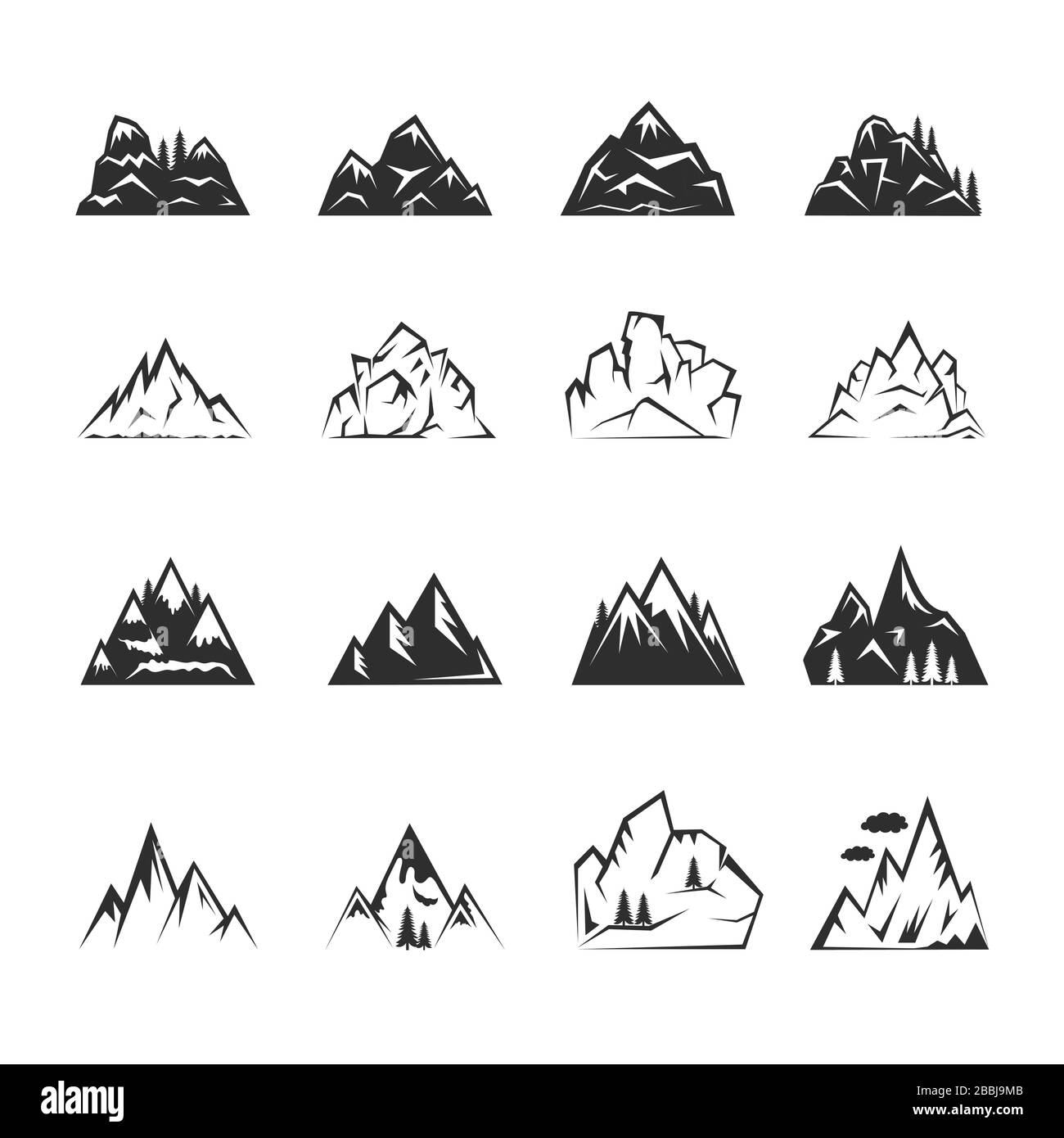 Set di montagne e picchi di montaggio per il design del logo. Silhouette di montagne rocciose, arrampicata o vettore viaggio illustrazione. Attività all'aperto, campeggio, icone trekking isolato su sfondo bianco. Illustrazione Vettoriale