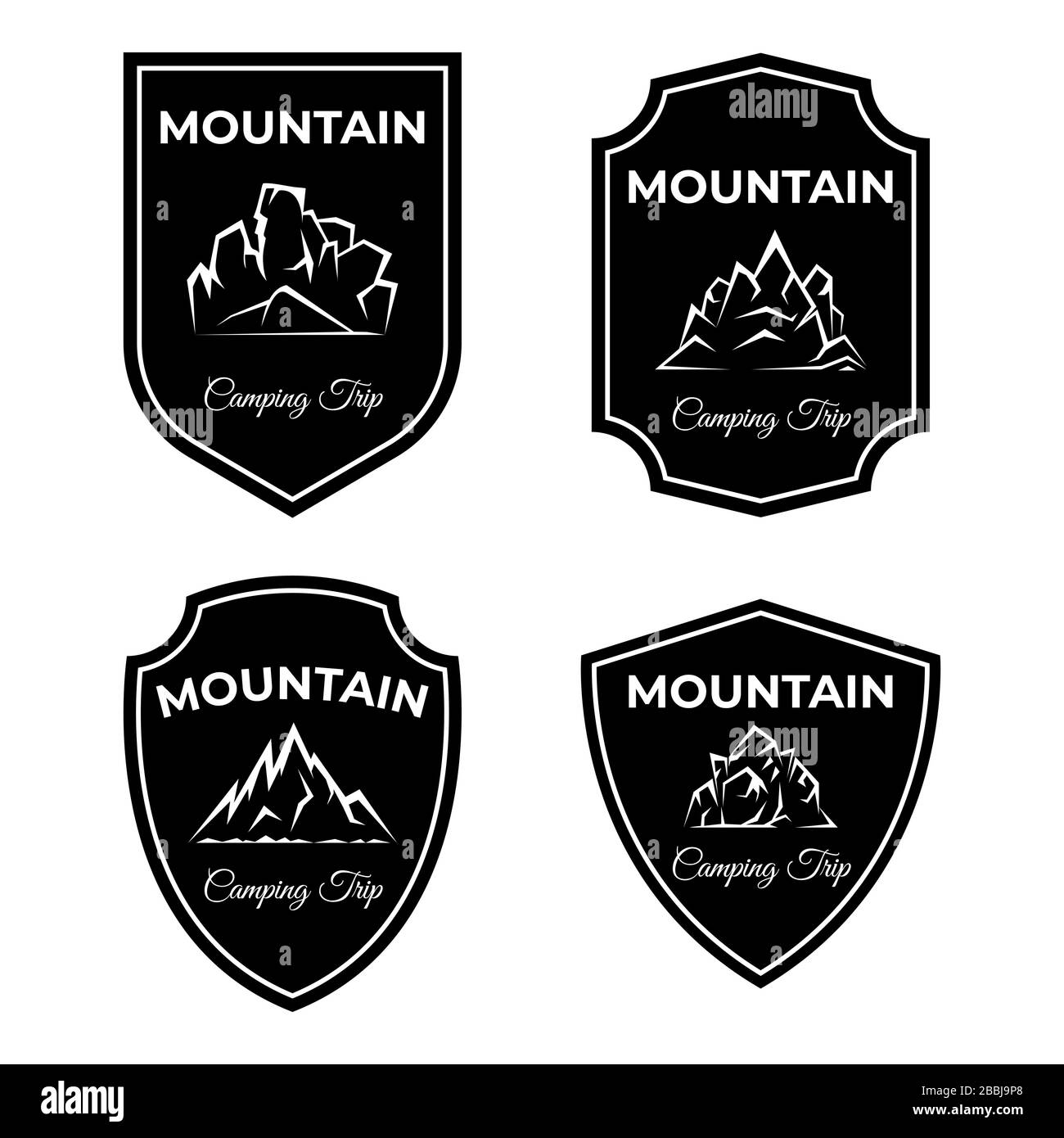 Set di disegni di logo di montagna. Silhouette di montagne rocciose con spazio di testo. Camping viaggio, lifestyle attivo, viaggio, arrampicata, trekking sul monte vettore badge modelli. Illustrazione Vettoriale