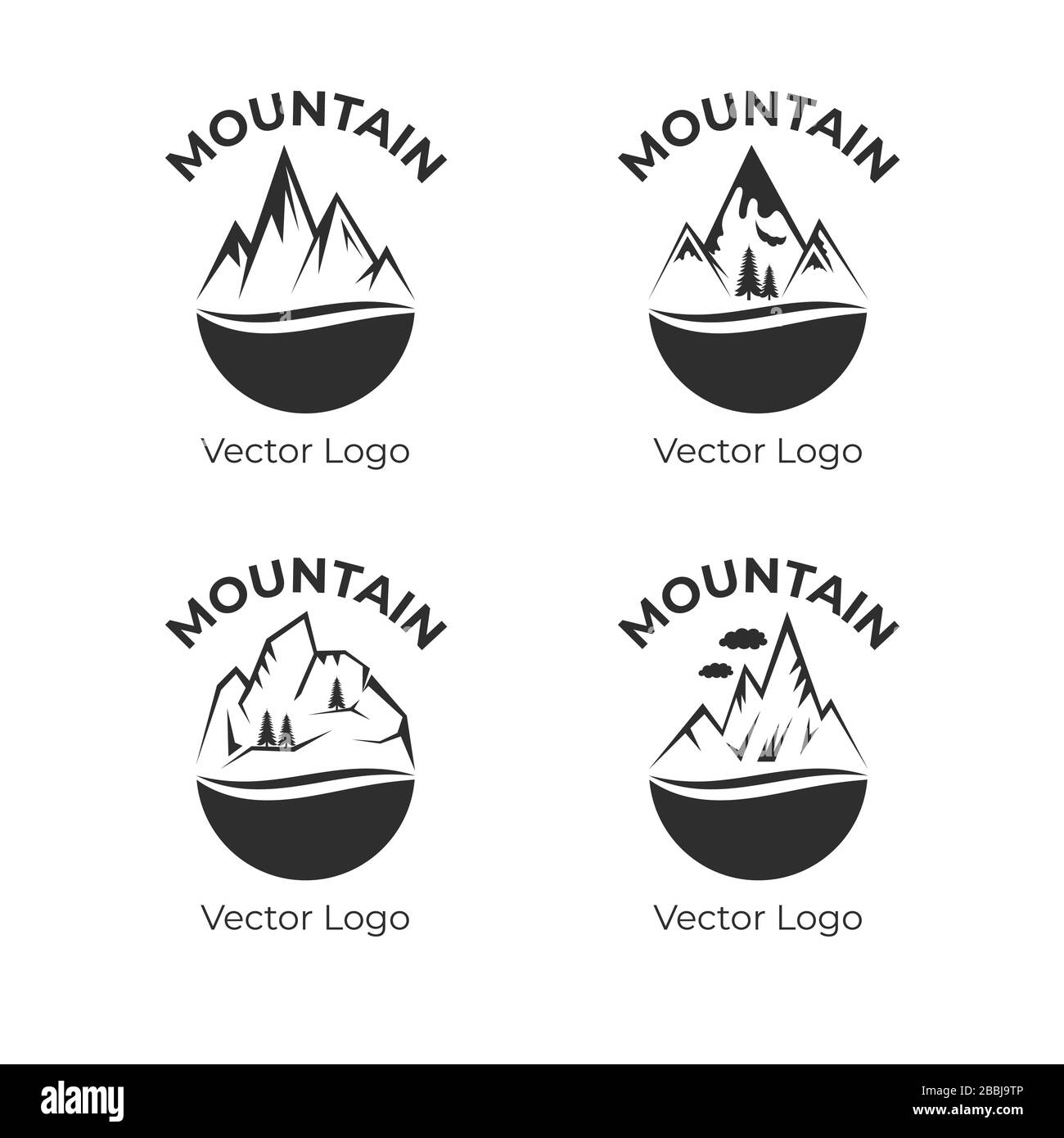 Disegno del logo Mountain Vector. Silhouette di montagne rocciose, cime di neve rocciosa. Attività all'aria aperta, viaggi nelle alpi, vivere sulla natura all'aperto, campeggio, escursioni a piedi su modelli di badge collina monte. Illustrazione Vettoriale