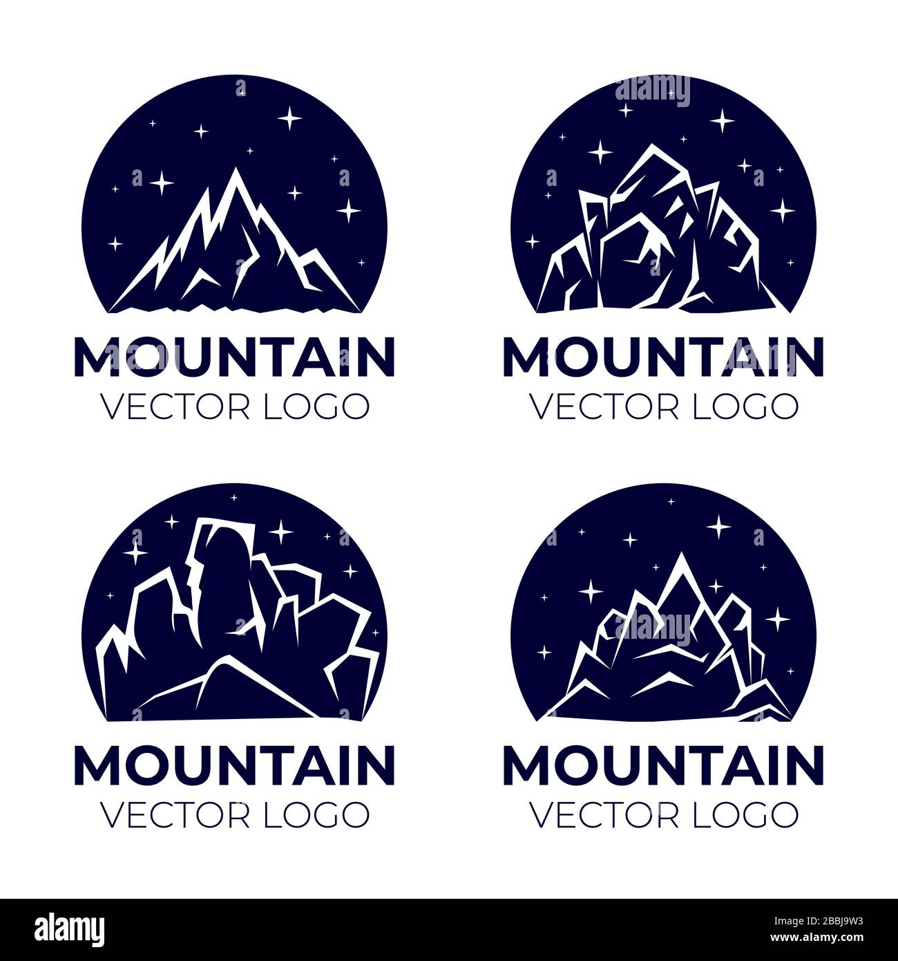 Disegno del logo Mountain Vector. Silhouette di montagne rocciose con cielo stellato. Attività all'aria aperta, viaggi nelle alpi, vivere sulla natura all'aperto, campeggio, escursioni a piedi su modelli di badge collina monte. Illustrazione Vettoriale