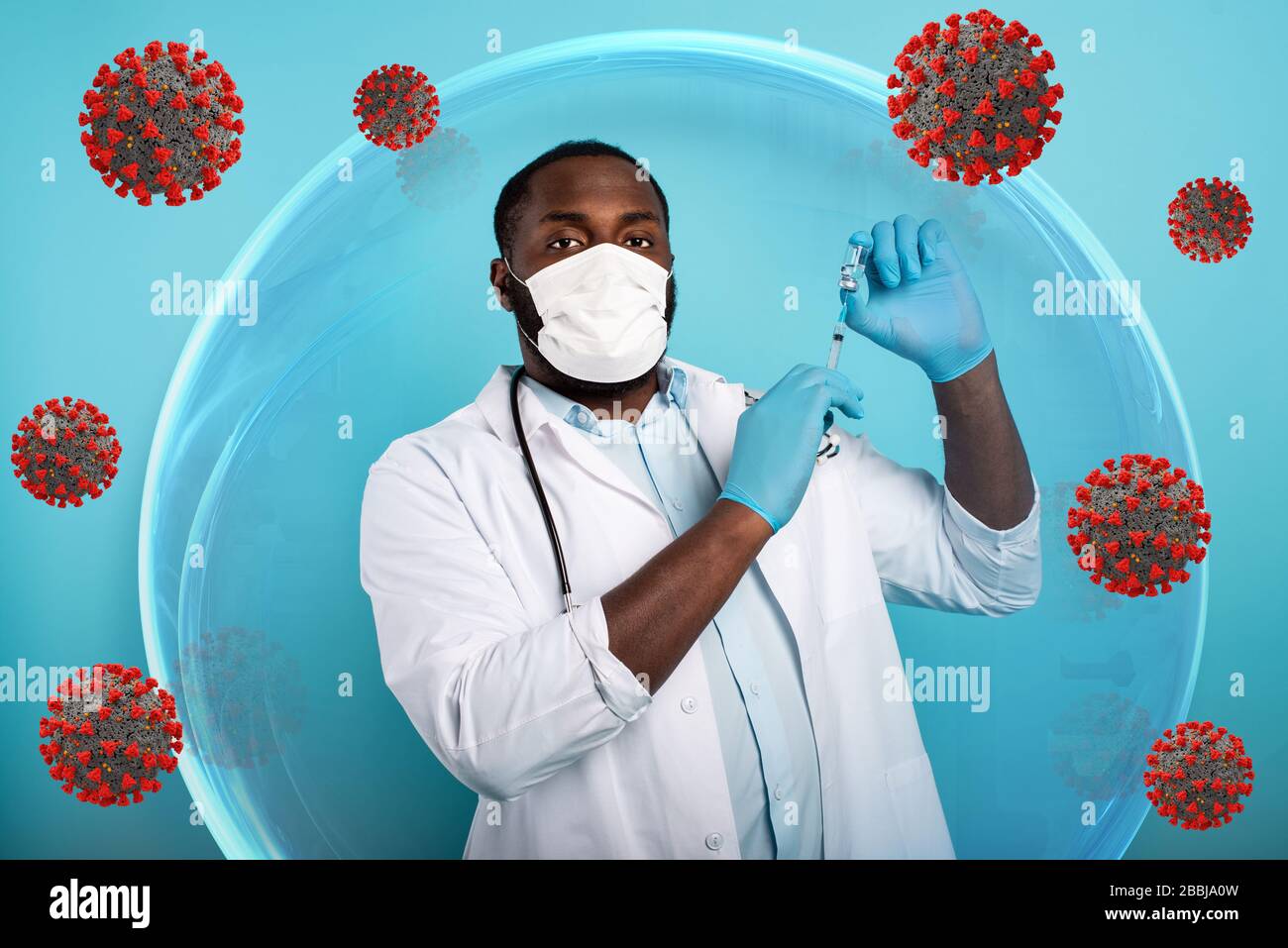 Il medico all'interno di una sfera di vetro ha trovato una soluzione per proteggersi dai coronavirus covid19. Foto Stock