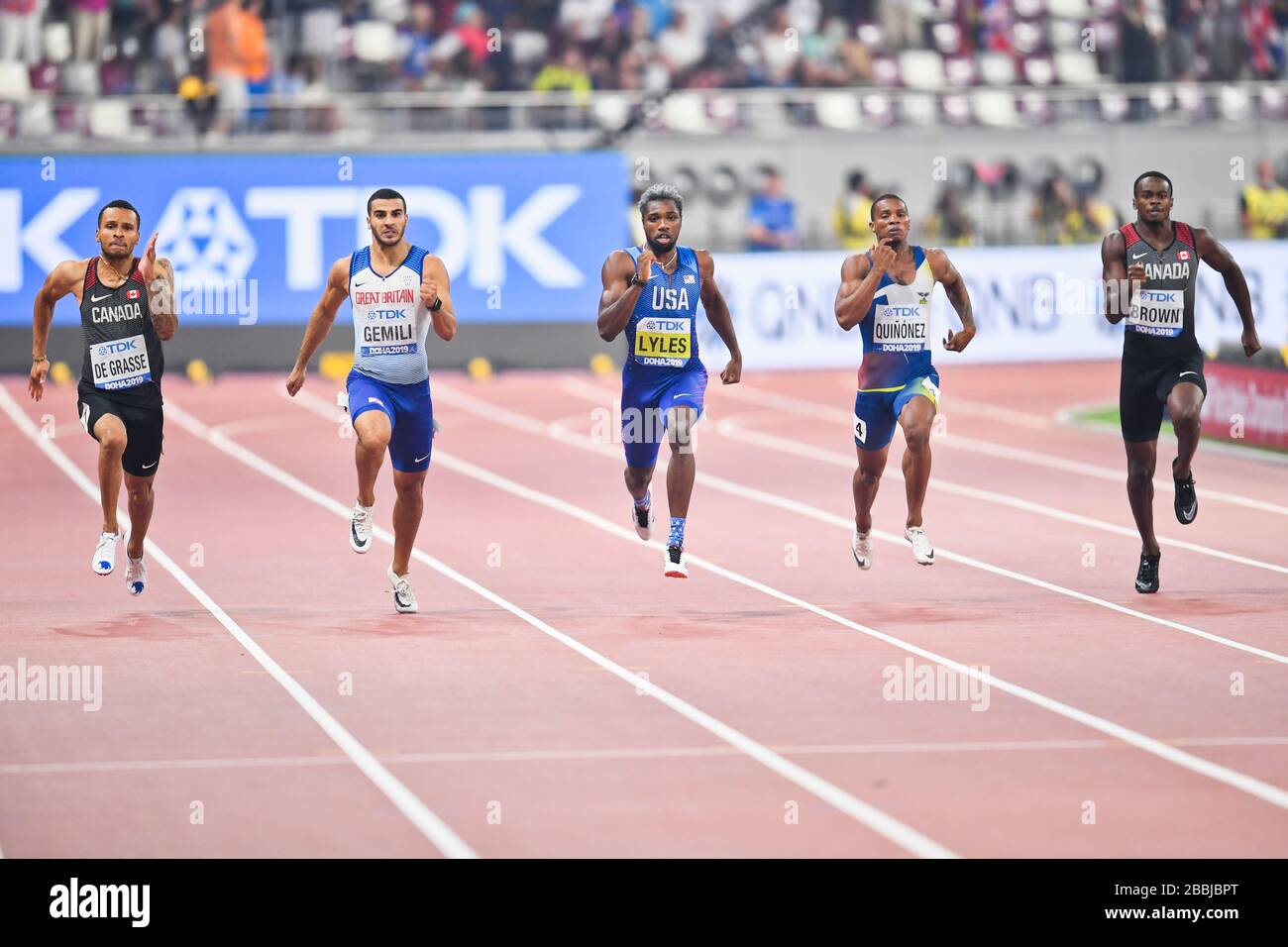 Noah Lyles (Gold, USA), Alex Quiñonez (Bronze, Ecuador), Andre de Grasse (Silver, Canada). 200 metri di finale. Doha 2019 Foto Stock