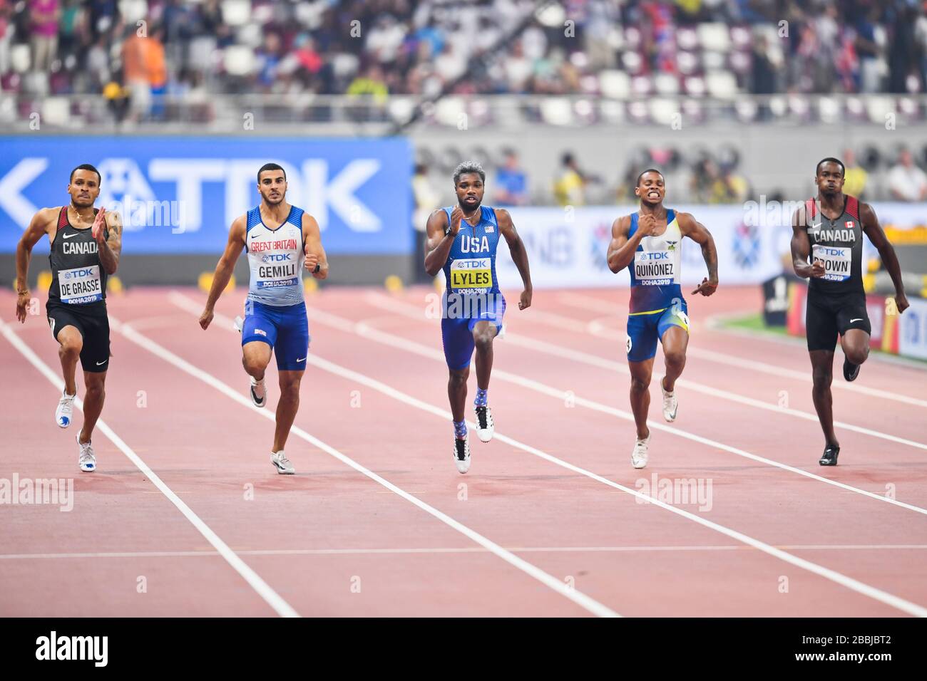 Noah Lyles (Gold, USA), Alex Quiñonez (Bronze, Ecuador), Andre de Grasse (Silver, Canada). 200 metri di finale. Doha 2019 Foto Stock