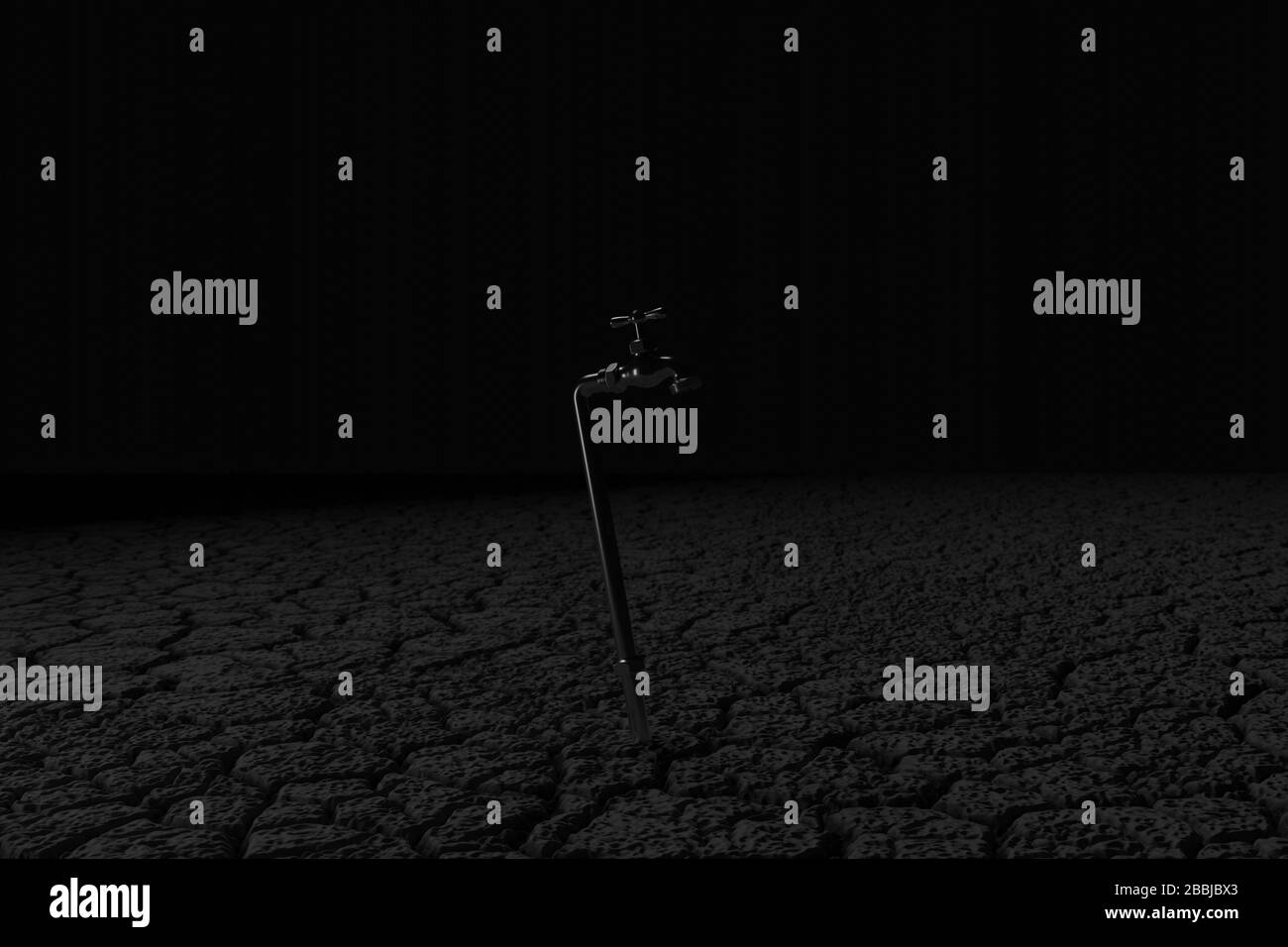 3d rendering di terra asciutta con rubinetto in luce scura. Concetto di carenza di acqua Foto Stock