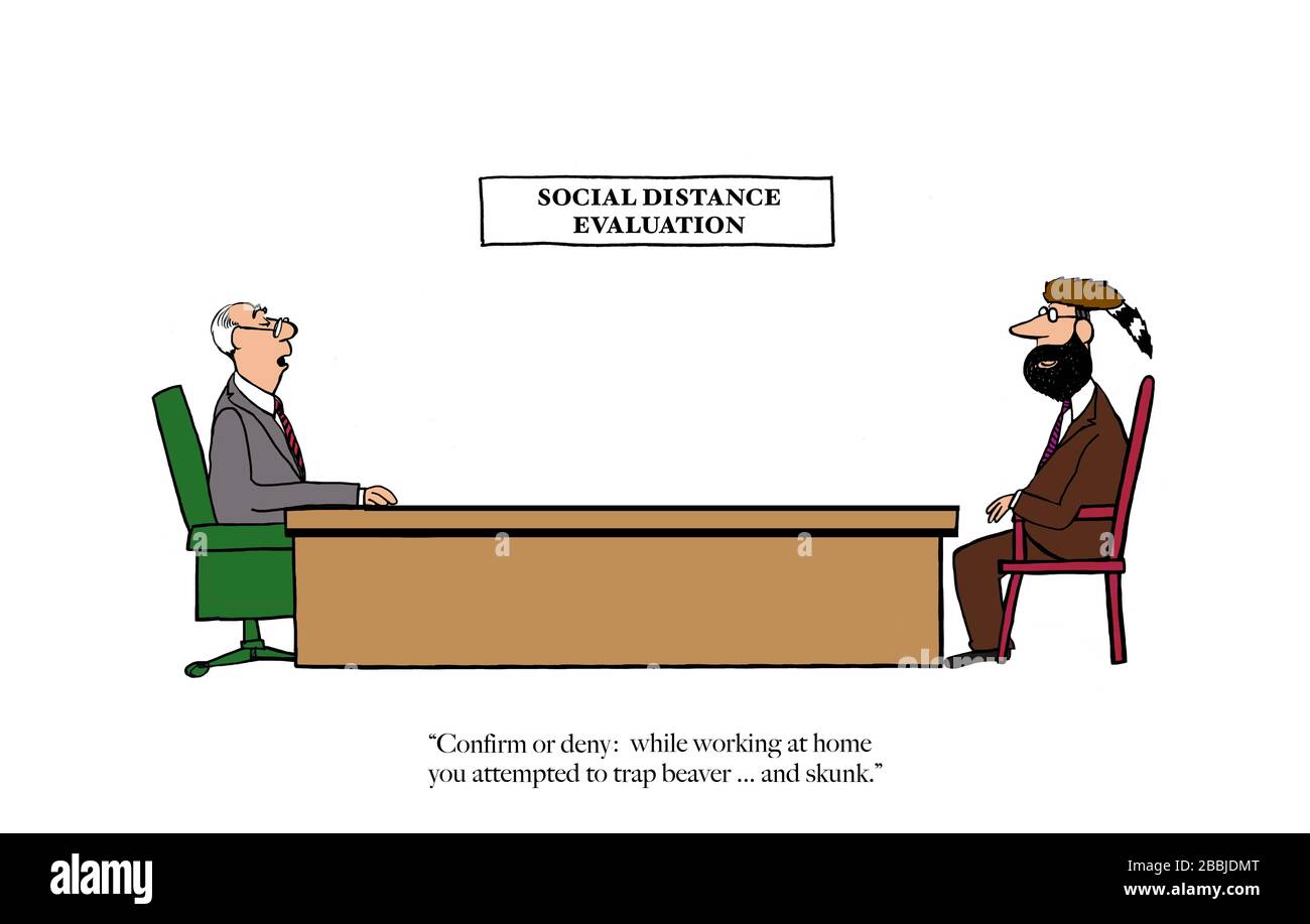 Cartone animato a colori, distacco post-sociale e post-Coronavirus, mostrando un lavoratore che indossa un castoro e skunk cappello indicando al suo capo non può essere hve stato Foto Stock