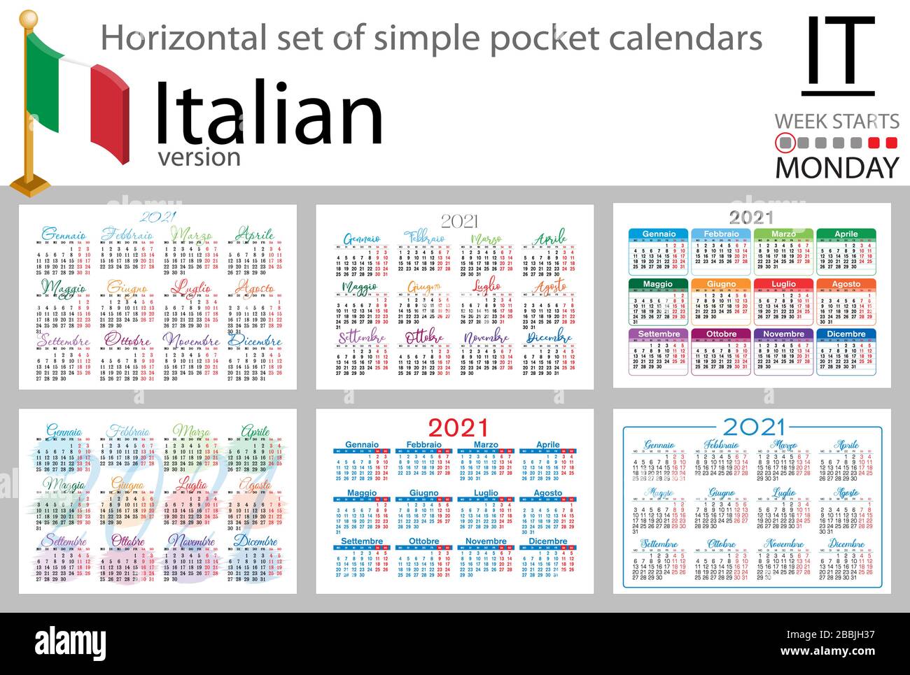 Set orizzontale italiano di calendari tascabili per il 2020 (duemila ventuno). La settimana inizia lunedì. Nuovo anno. Design semplice a colori. Vettore Illustrazione Vettoriale