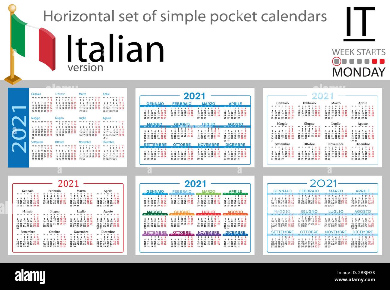 Set orizzontale italiano di calendari tascabili per il 2020 (duemila ventuno). La settimana inizia lunedì. Nuovo anno. Design semplice a colori. Vettore Illustrazione Vettoriale