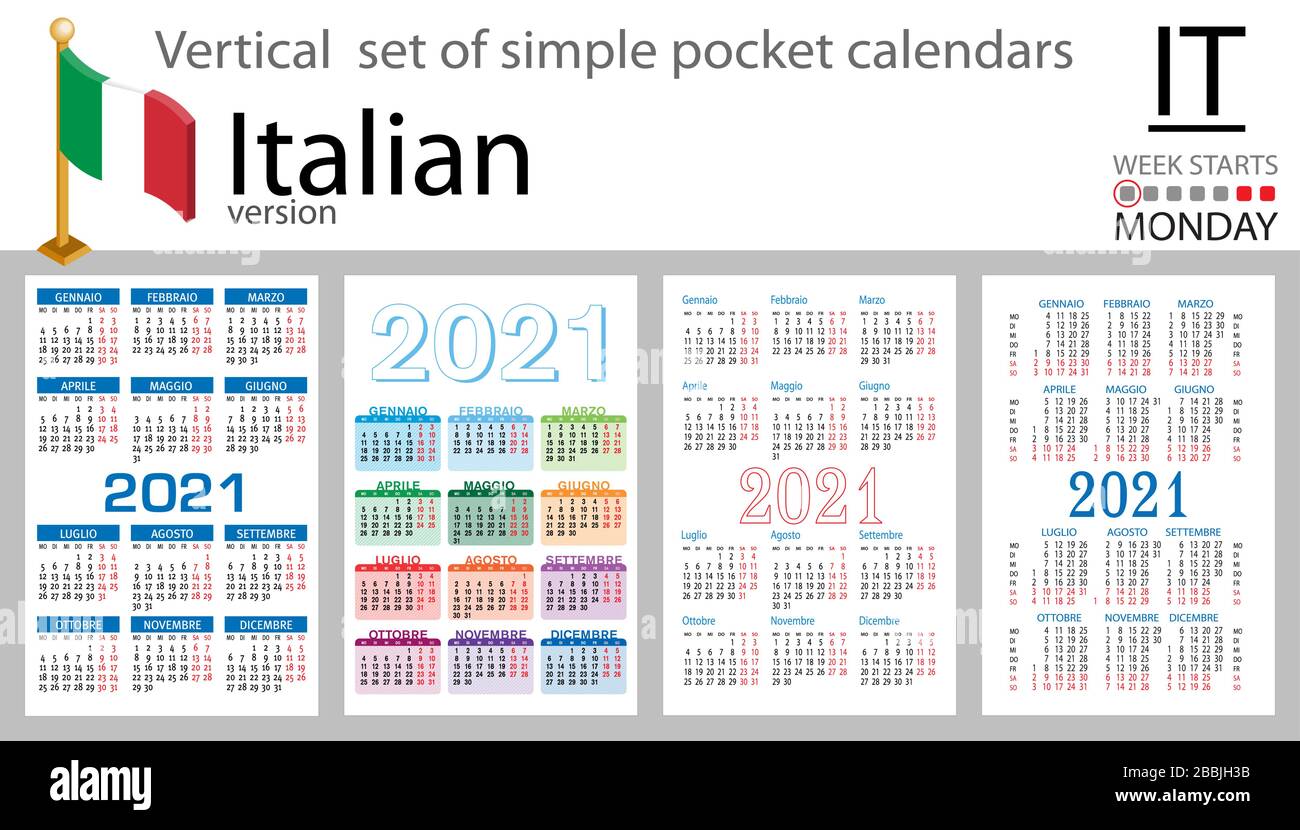 Set verticale italiano di calendari tascabili per il 2020 (duemila ventuno). La settimana inizia lunedì. Nuovo anno. Design semplice a colori. Vettore Illustrazione Vettoriale