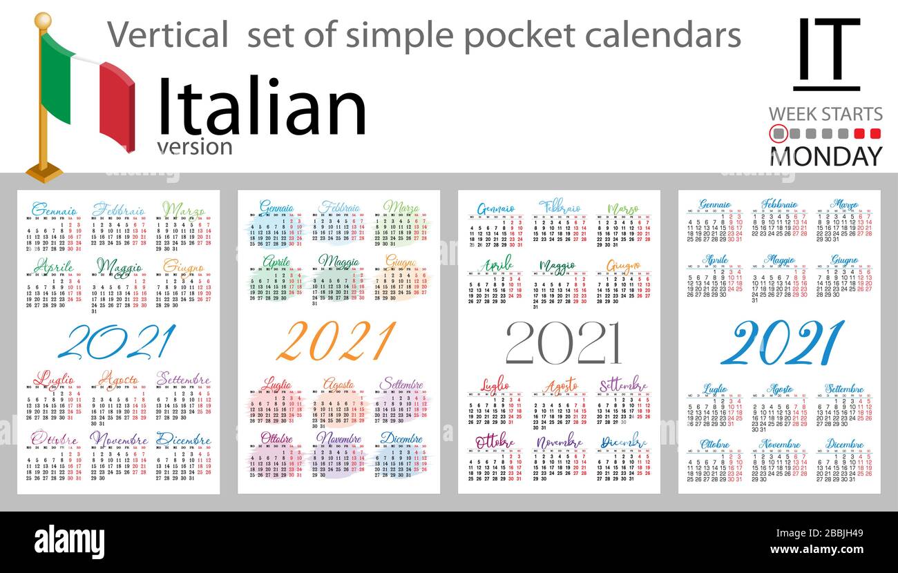 Set verticale italiano di calendari tascabili per il 2020 (duemila ventuno). La settimana inizia lunedì. Nuovo anno. Design semplice a colori. Vettore Illustrazione Vettoriale