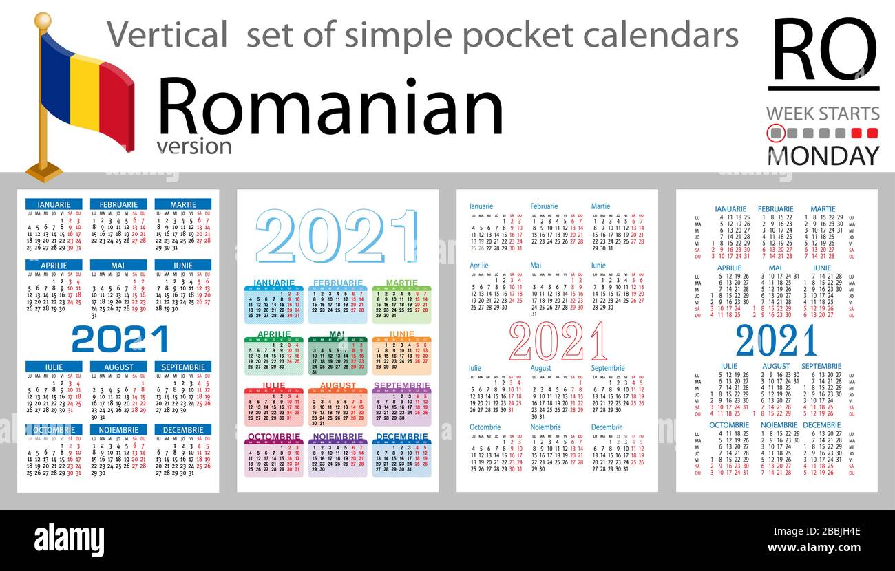 Serie verticale rumena di calendari tascabili per il 2020 (duemila ventuno). La settimana inizia lunedì. Nuovo anno. Design semplice a colori. Vettore Illustrazione Vettoriale