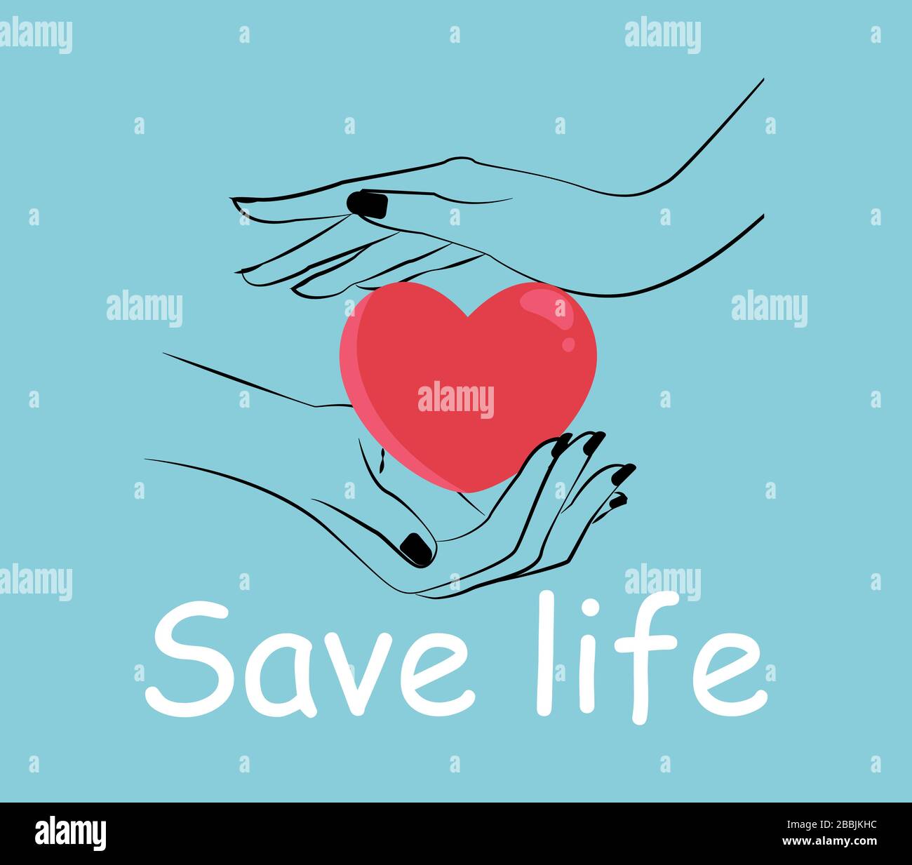 Vettore di mani e cuore rosso come simbolo della donazione di sangue e organo e della cura del paziente Illustrazione Vettoriale