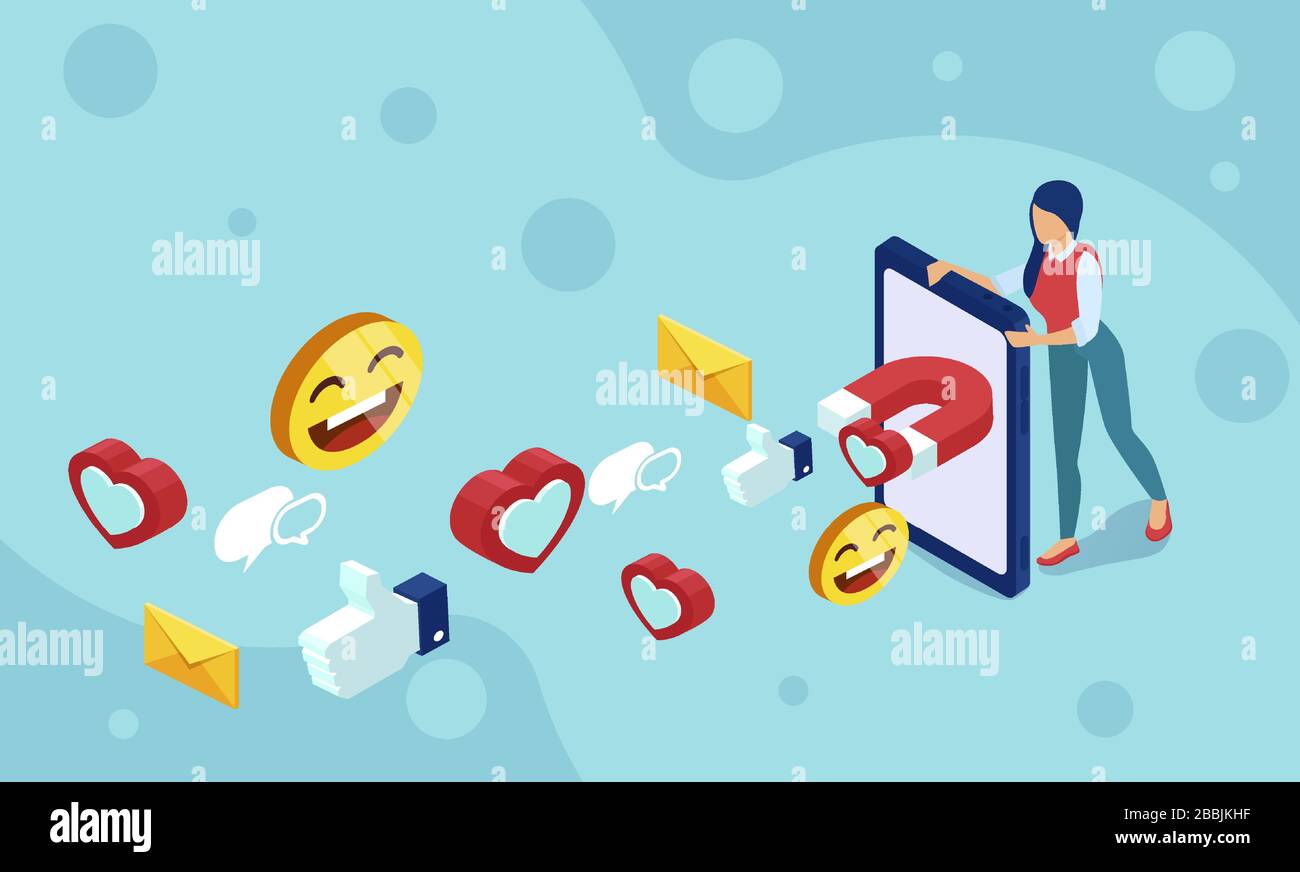 Vettore di una giovane donna che attrae un feedback positivo con un magnete per smartphone social media. Illustrazione Vettoriale