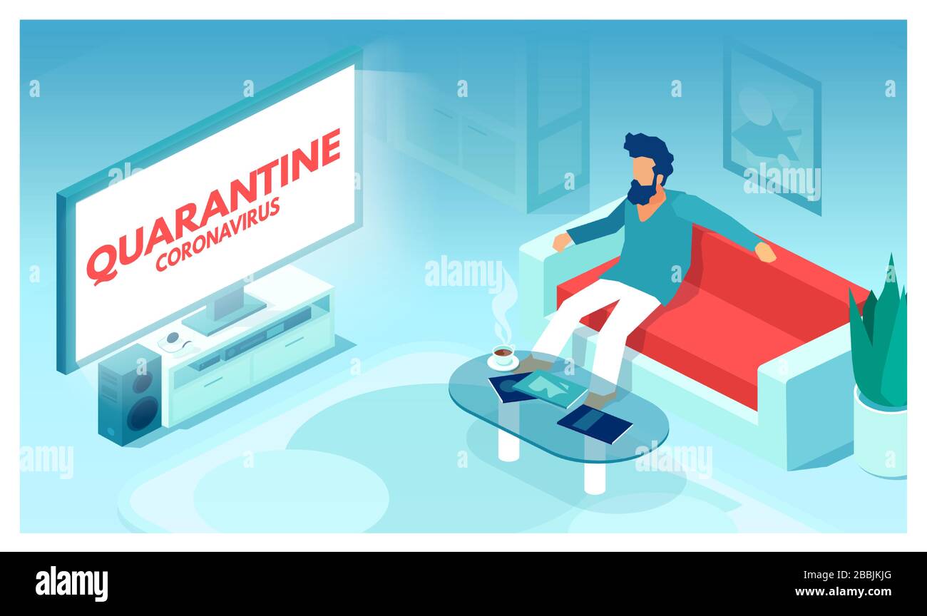 Vettore di un giovane ragazzo che rimane a casa guardare la TV seguendo i consigli dei professionisti sanitari per l'isolamento di sé Illustrazione Vettoriale