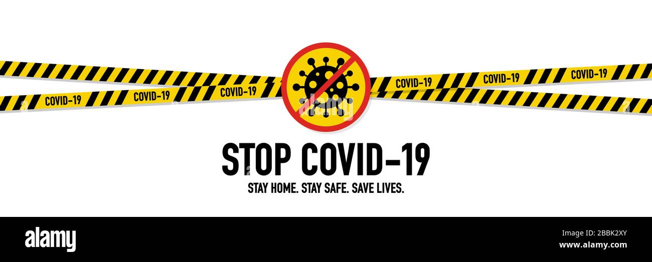 Stop Covid-19 concetto di quarantena di Coronavirus. Collezioni di strisce gialle e nere per proteggersi e prevenire la diffusione del virus ad altri Illustrazione Vettoriale