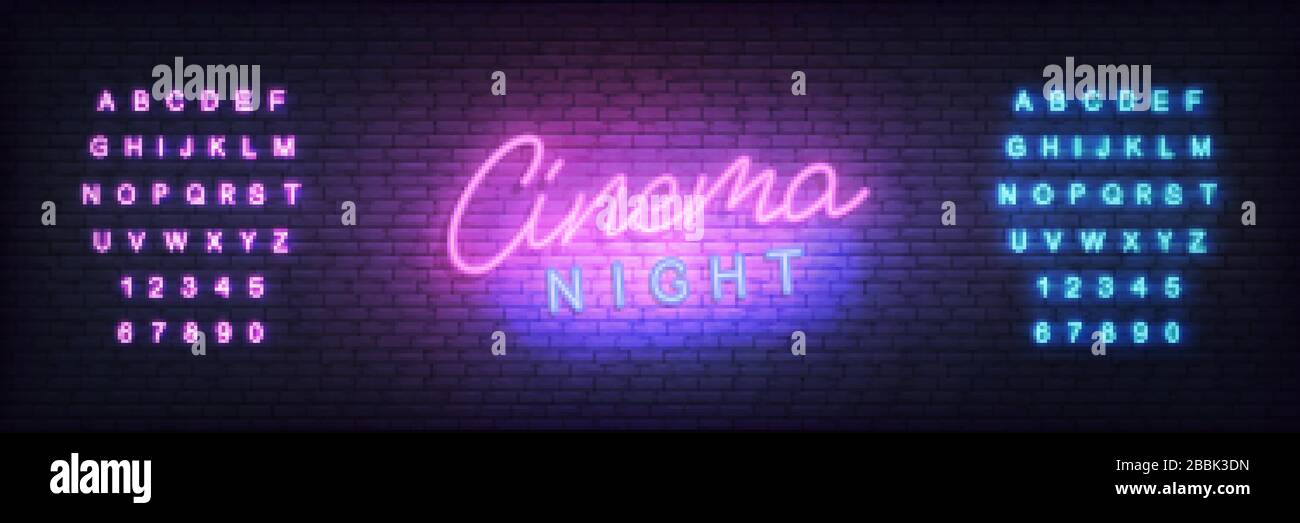 Modello neon per cinema. Etichetta luminosa per il cinema notturno Illustrazione Vettoriale