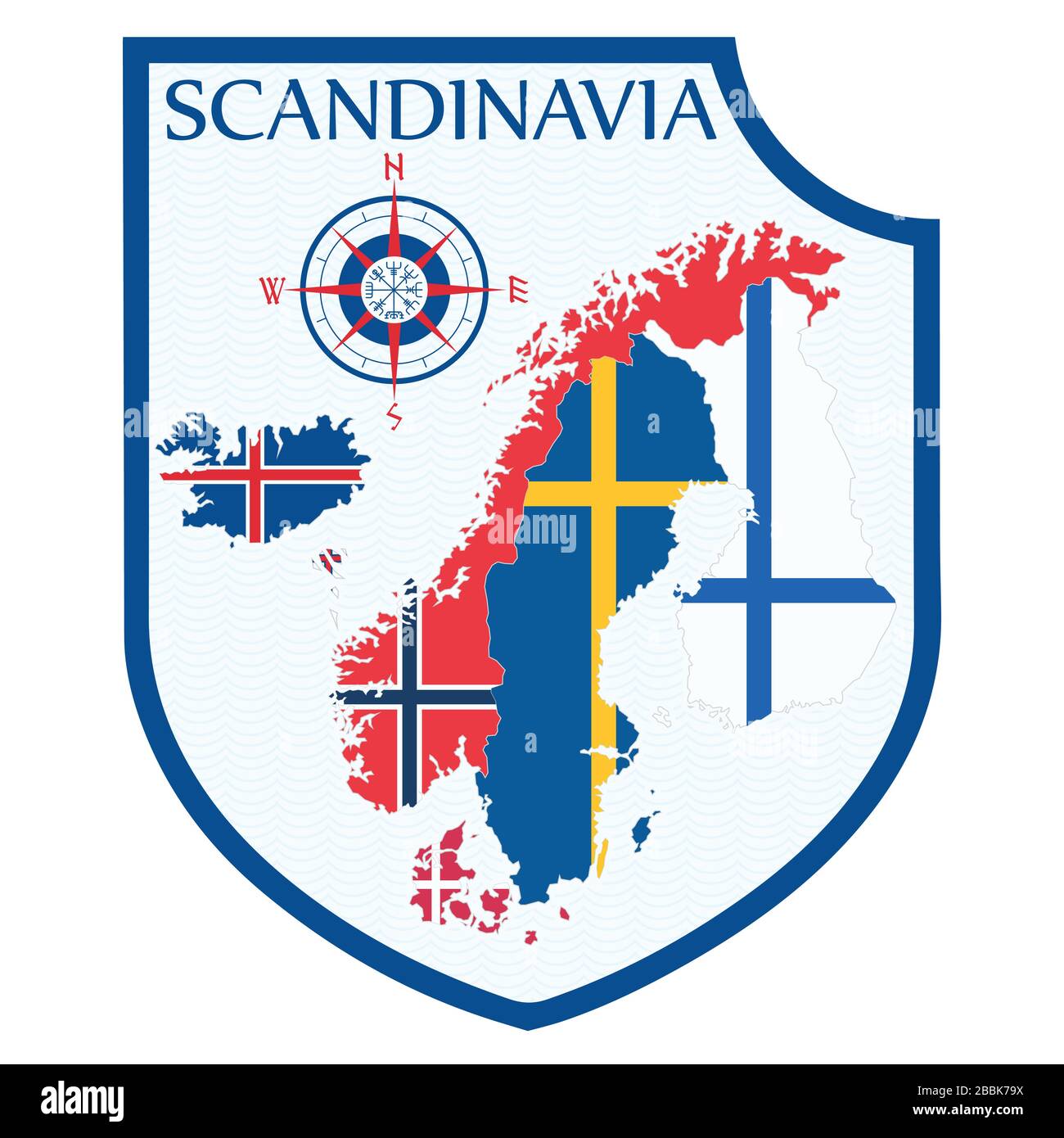 Design scandinavo. Scudo araldico, una mappa di fondo dei paesi scandinavi - Svezia, Norvegia, Danimarca e Finlandia, Islanda, Isole Faroe Illustrazione Vettoriale