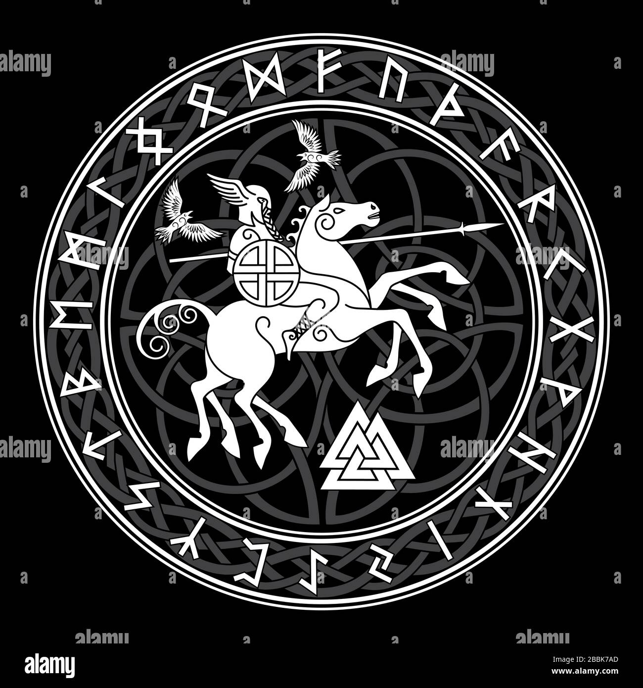 Dio Wotan, cavalcando su un cavallo Sleipnir con una lancia e due corvi in un cerchio di rune di Norse. Illustrazione della mitologia norrena Illustrazione Vettoriale