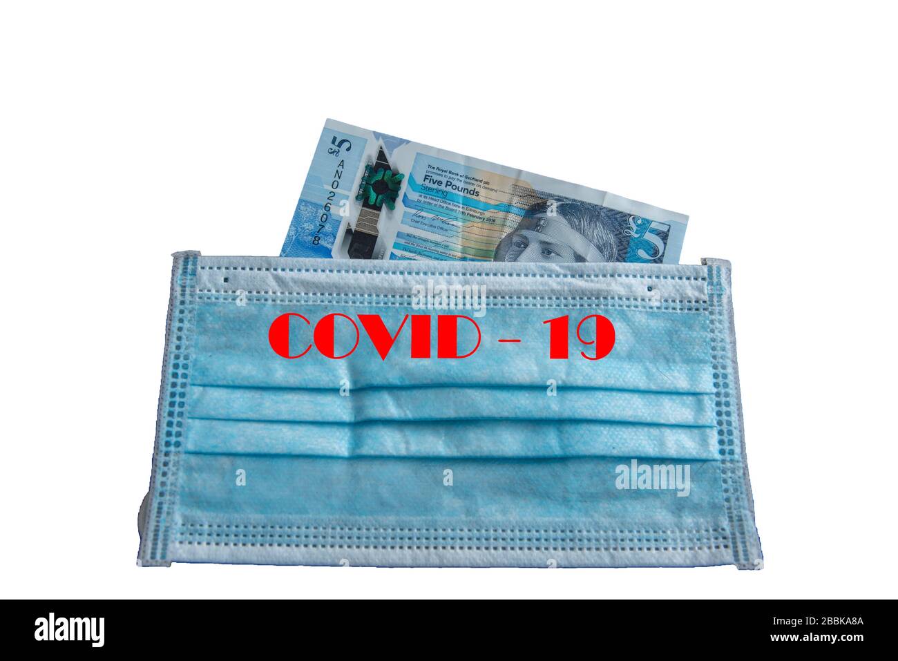 Note bancarie sotto maschera facciale - simbolo della pandemia globale del virus corona sull'economia Foto Stock