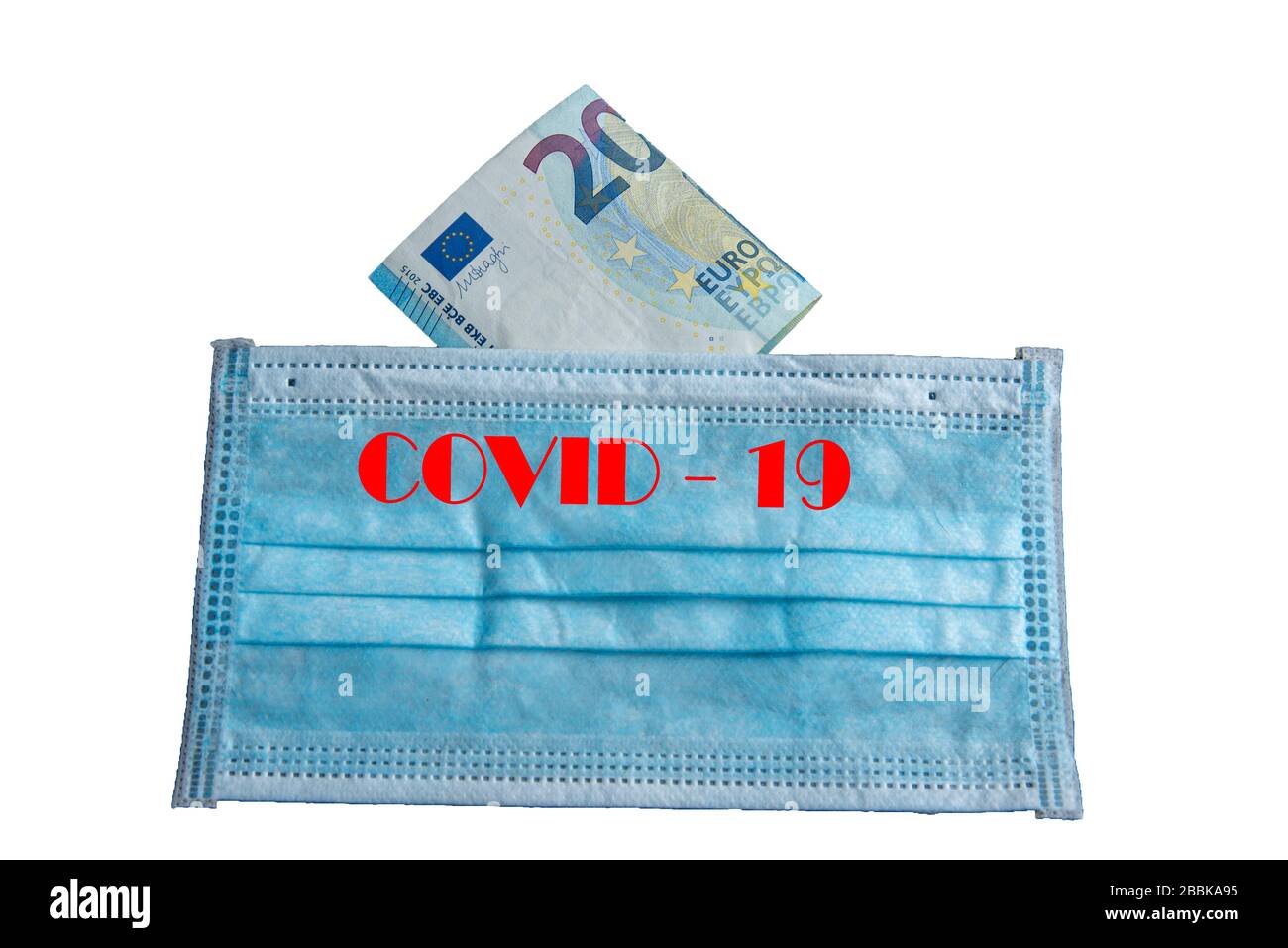 Note bancarie sotto maschera facciale - simbolo della pandemia globale del virus corona sull'economia Foto Stock