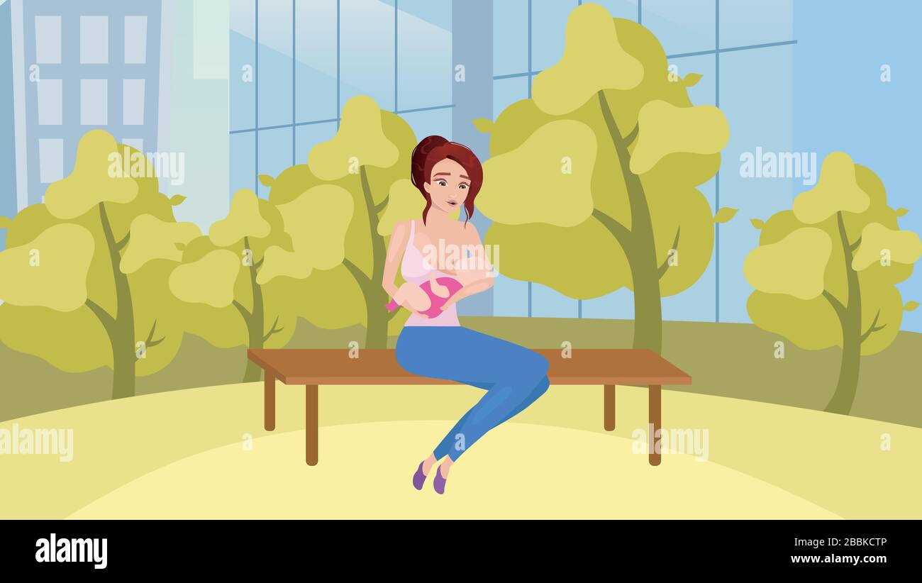 Donna che allatta il bambino dal seno nel parco immagine vettore piatto Illustrazione Vettoriale