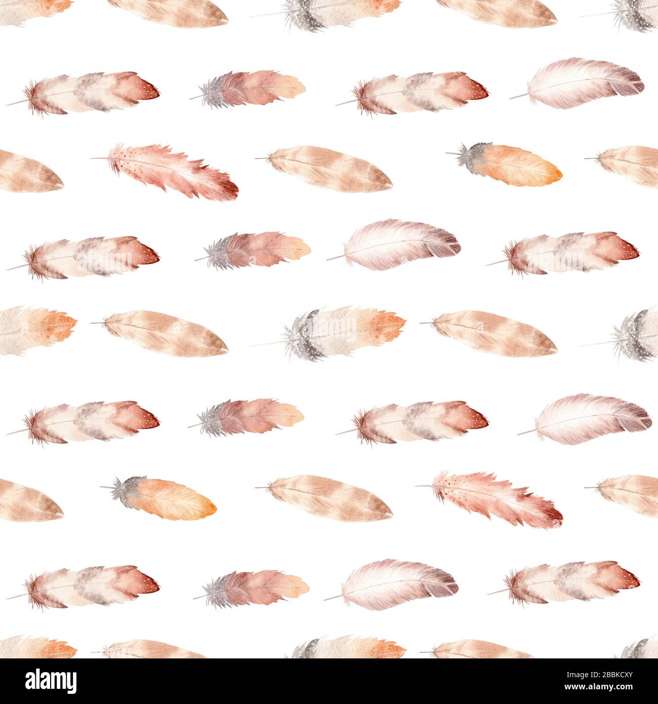 Motivo sfumato con filigrana. Texture dipinta a mano con piume di uccello su sfondo bianco. Illustrazione in stile boho. Foto Stock