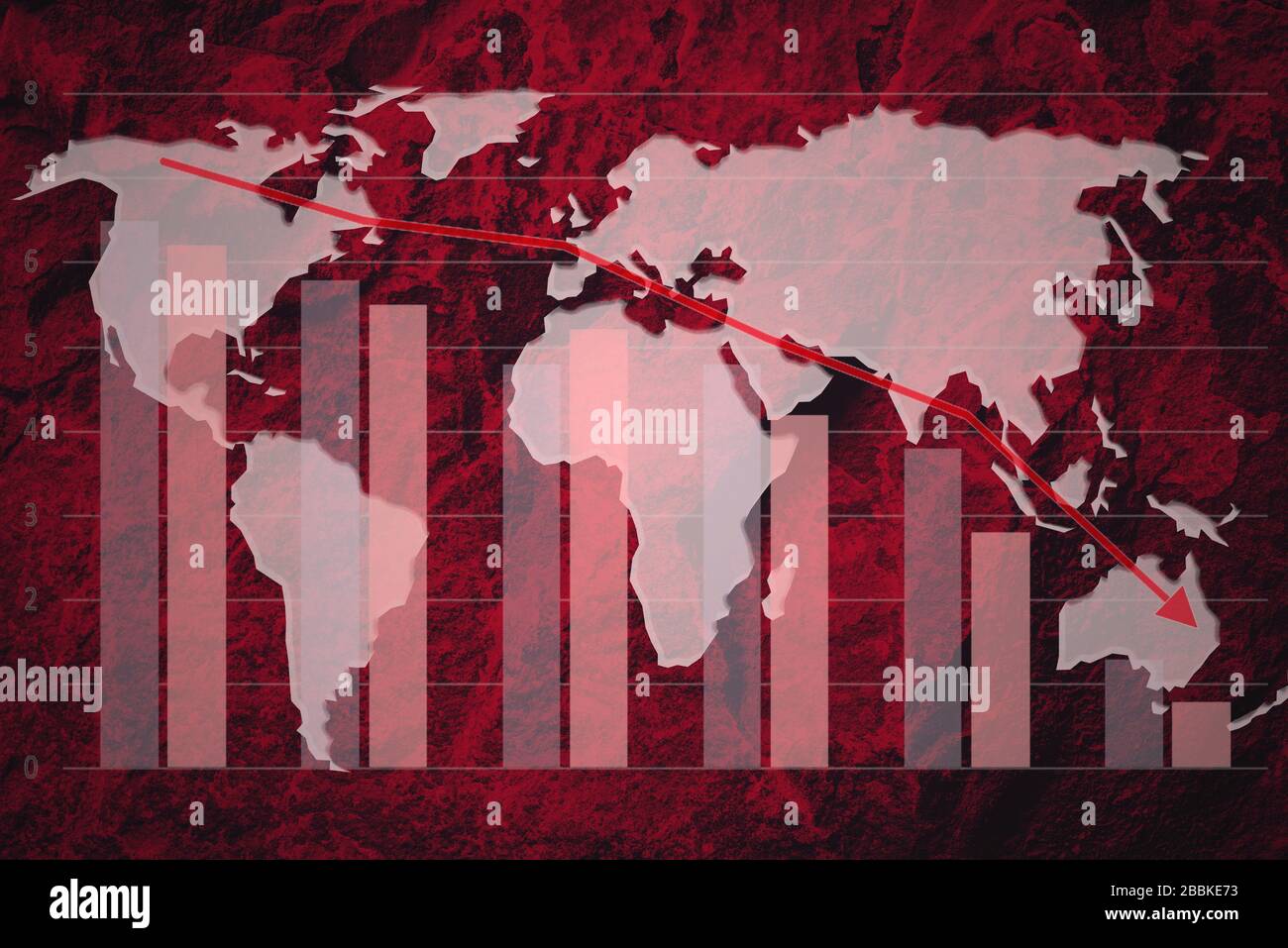 Immagine composita dell'economia di crisi globale - il colore rosso grunge mappa del mondo in un grafico di dati e una curva di declino Foto Stock