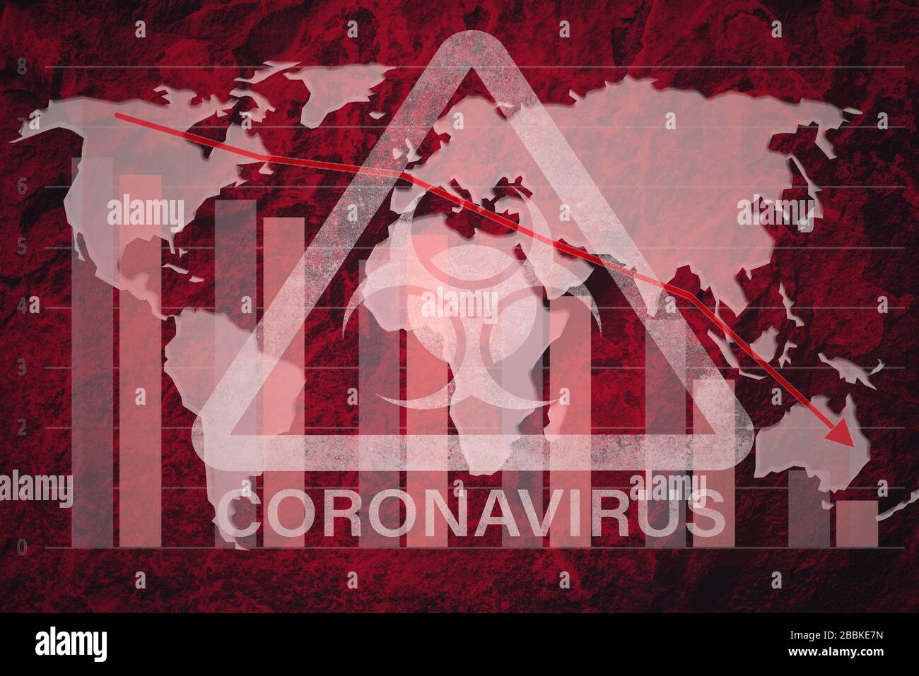Immagine composita dell'economia di crisi globale - colore rosso grunge mappa del mondo in un grafico di dati e una curva di declino con il segno di coronavirus Foto Stock