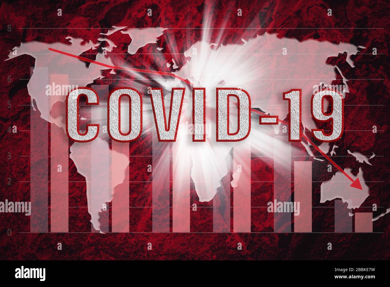 Immagine composita dell'economia di crisi globale - colore rosso grunge mappa del mondo su un grafico di dati e una curva di declino con il testo COVID-19 Foto Stock