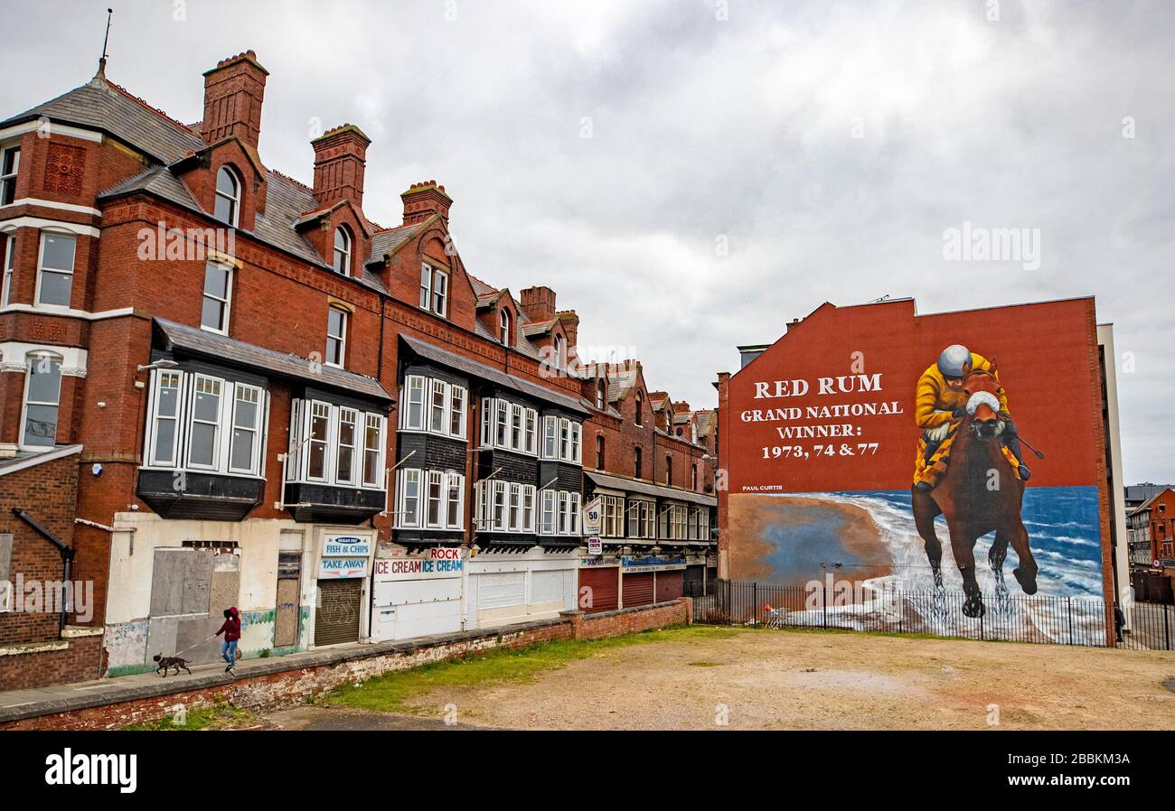 Un murale del leggendario Rum rosso racehorse, creato dall'artista di strada Paul Curtis e commissionato da Sefton Council, è stato svelato sul frontone degli appartamenti in Scarisbrick Avenue, Southport. Foto Stock