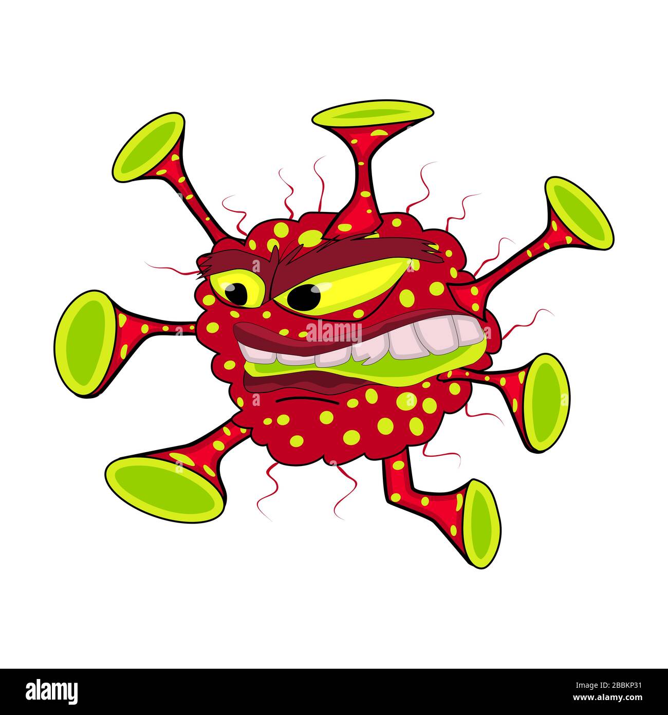 Micro virus divertente isolato su sfondo bianco. Cartone animato cattivo batteri mostro personaggio con espressione facciale. Germe, mostro o parassita. Vettore stock Illustrazione Vettoriale