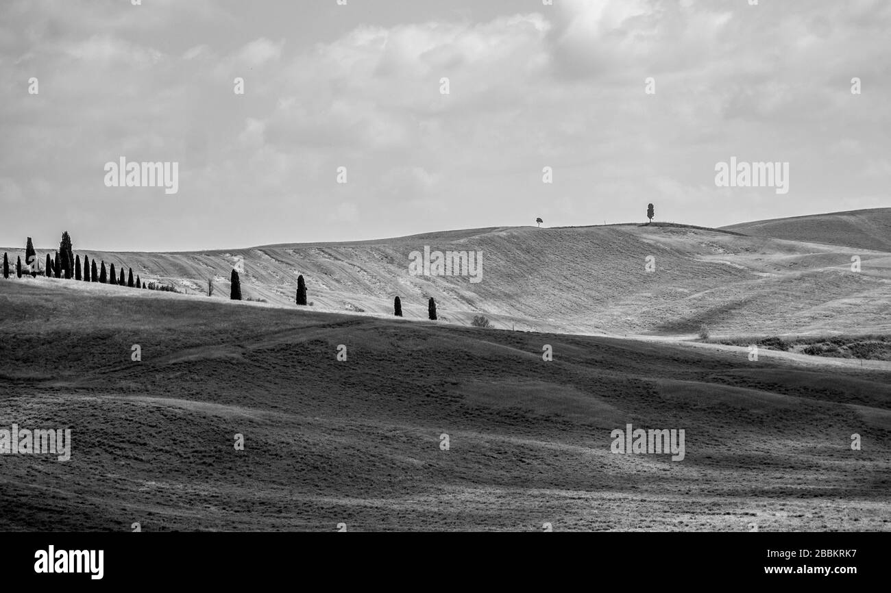 Crete senesi, bellissimo paesaggio,bianco e nero,Toscana,Italia,Giugno,2018. Foto Stock