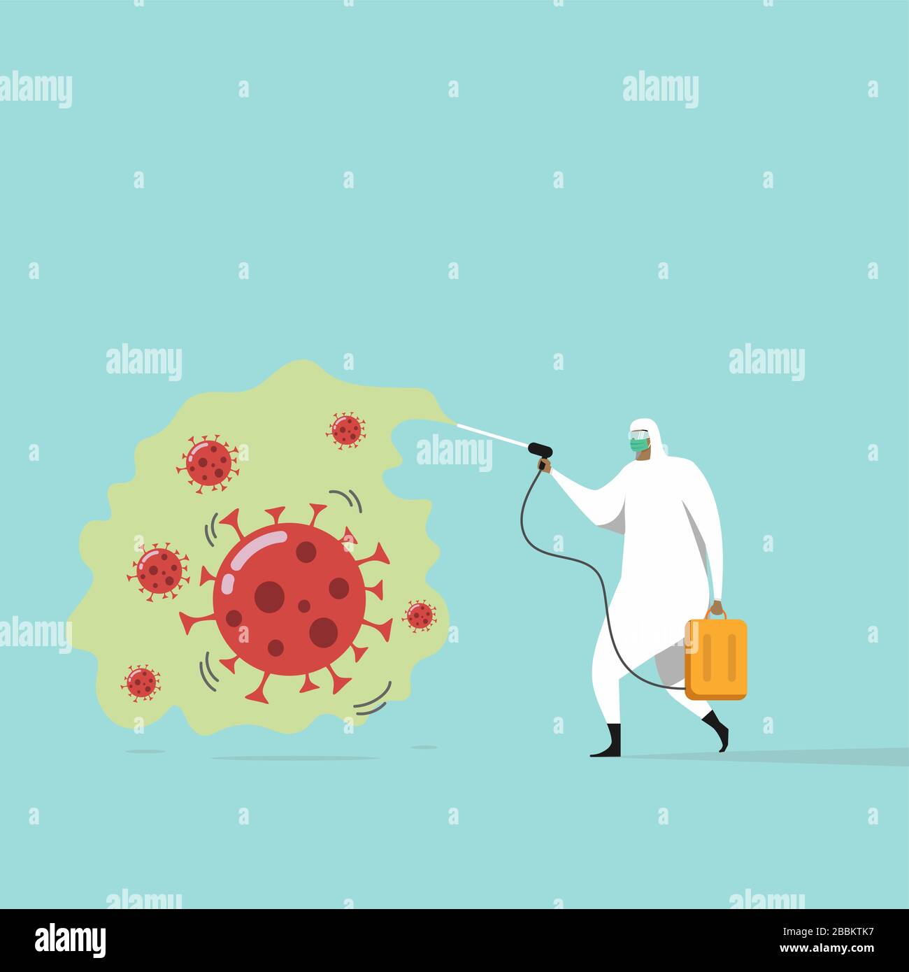 Lavoratore medico con pieno di dispositivi di protezione personale eliminazione di germi di coronavirus mediante spruzzatura disinfettante patogeno del virus COVID-19, tentativo t Illustrazione Vettoriale