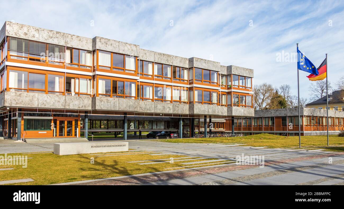 Ingresso, cartello e edifici laterali della Corte federale di giustizia della Germania, Bundesverfassungsgericht, BGH. A Karlsruhe, Germania Foto Stock