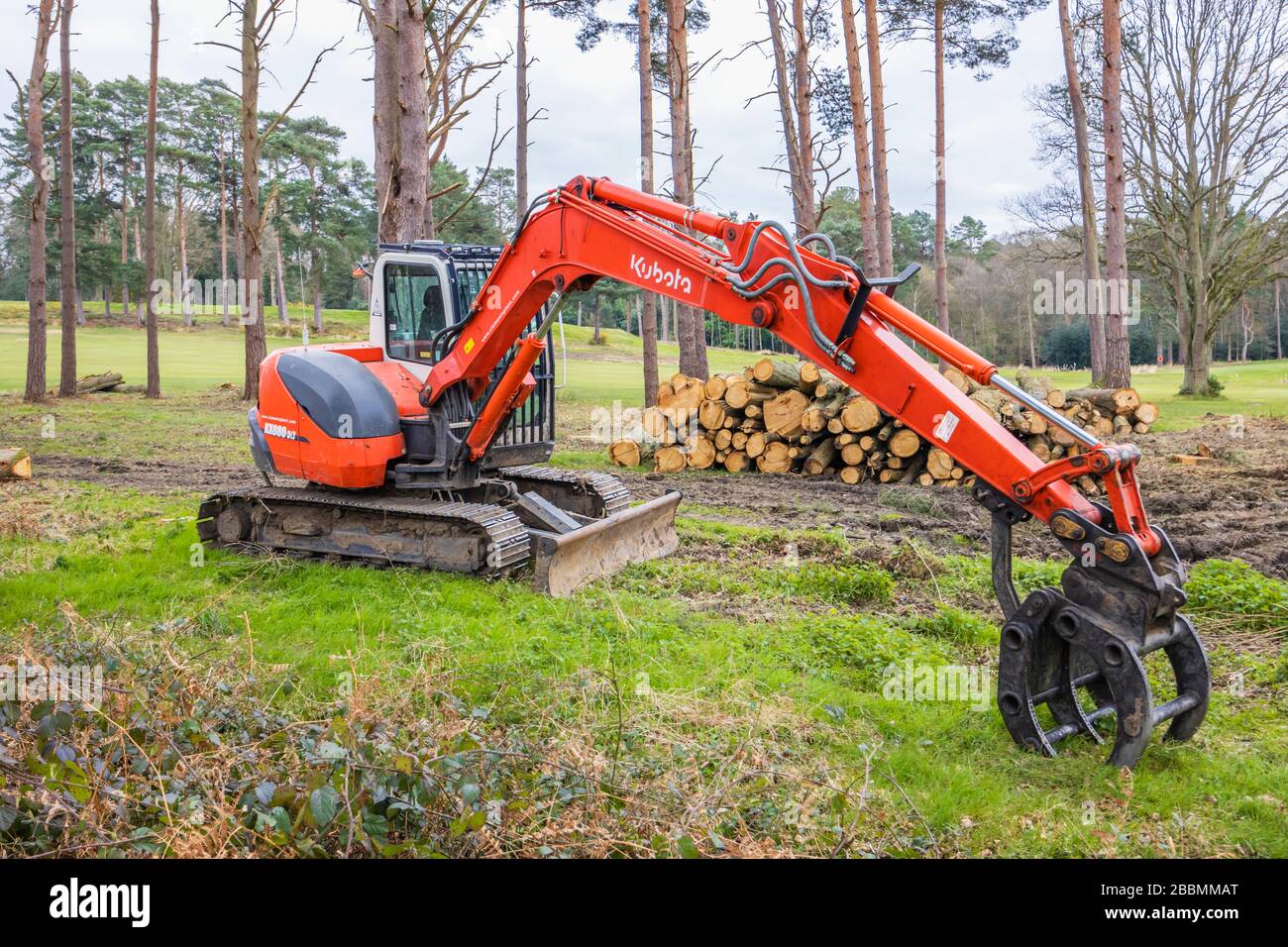 KUBOTA KX080-3 mini-scavatore, in gomma cingolato longuette escavatore utilizzato per la abbattimento e la logging degli alberi, Surrey, Inghilterra sud-orientale Foto Stock
