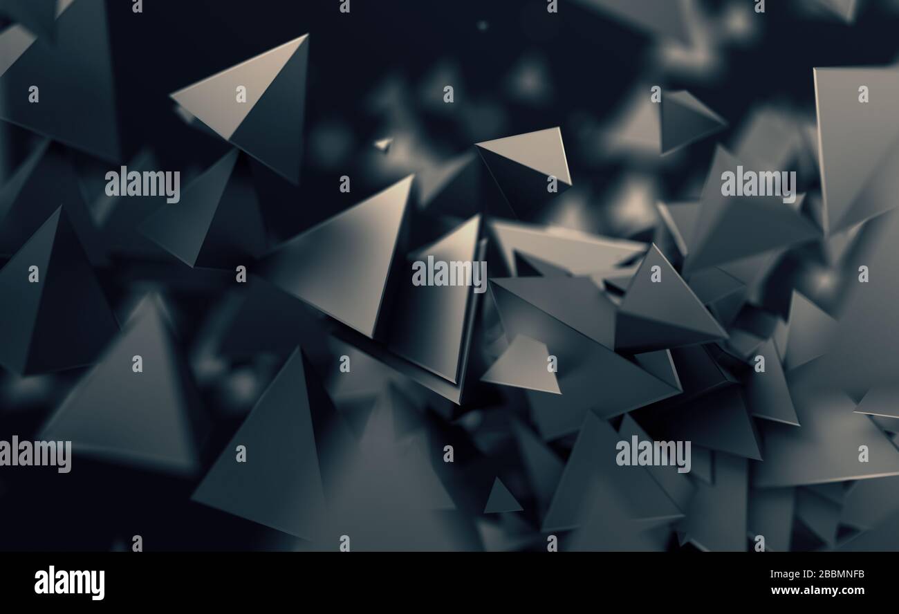 Rendering 3D astratto di forme caotiche a bassa poli. Piramidi poligonali volanti nello spazio vuoto. Sfondo futuristico con effetto bokeh. Design poster. Foto Stock