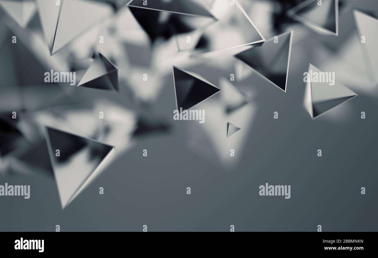 Rendering 3D astratto di forme caotiche a bassa poli. Piramidi poligonali volanti nello spazio vuoto. Sfondo futuristico con effetto bokeh. Design poster. Foto Stock