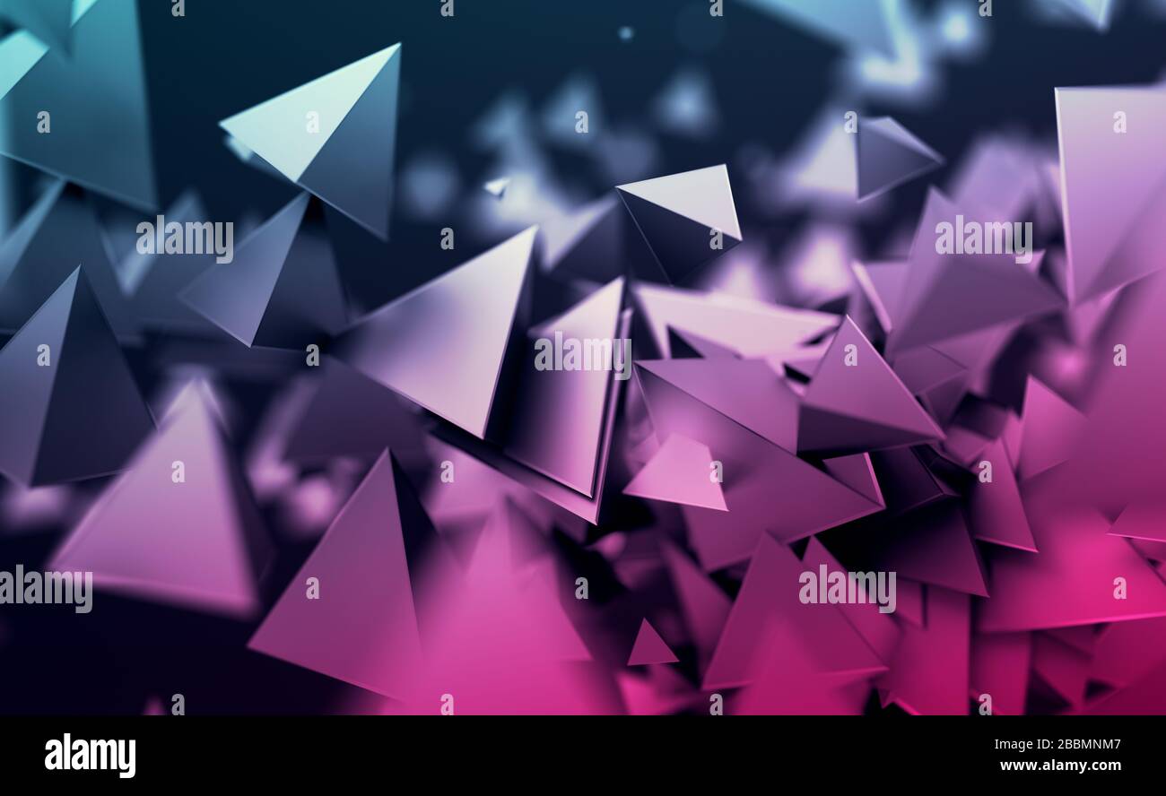 Rendering 3D astratto di forme caotiche a bassa poli. Piramidi poligonali volanti nello spazio vuoto. Sfondo futuristico con effetto bokeh. Design poster. Foto Stock