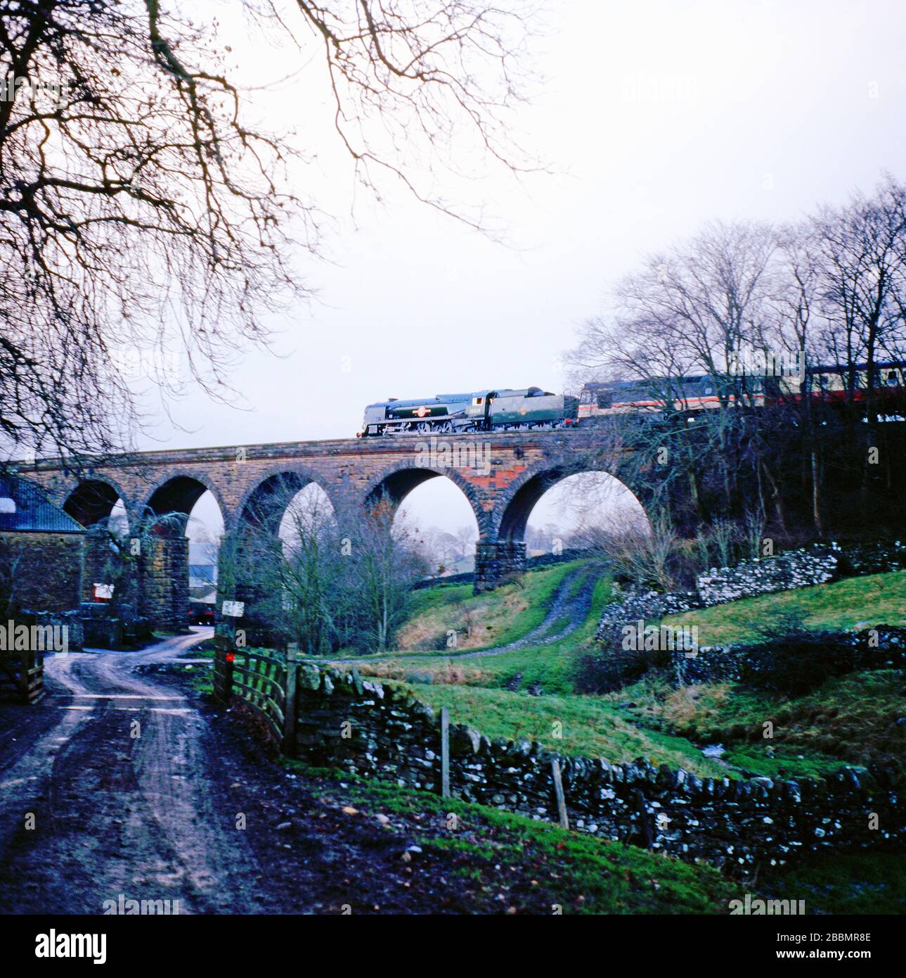 Merchant Navy Class NO 35028 Clan Line al Viadotto Crosby Garret, Crosby Garret, Settle to Carlisle Railway, Cumbria, Inghilterra 1989 Foto Stock