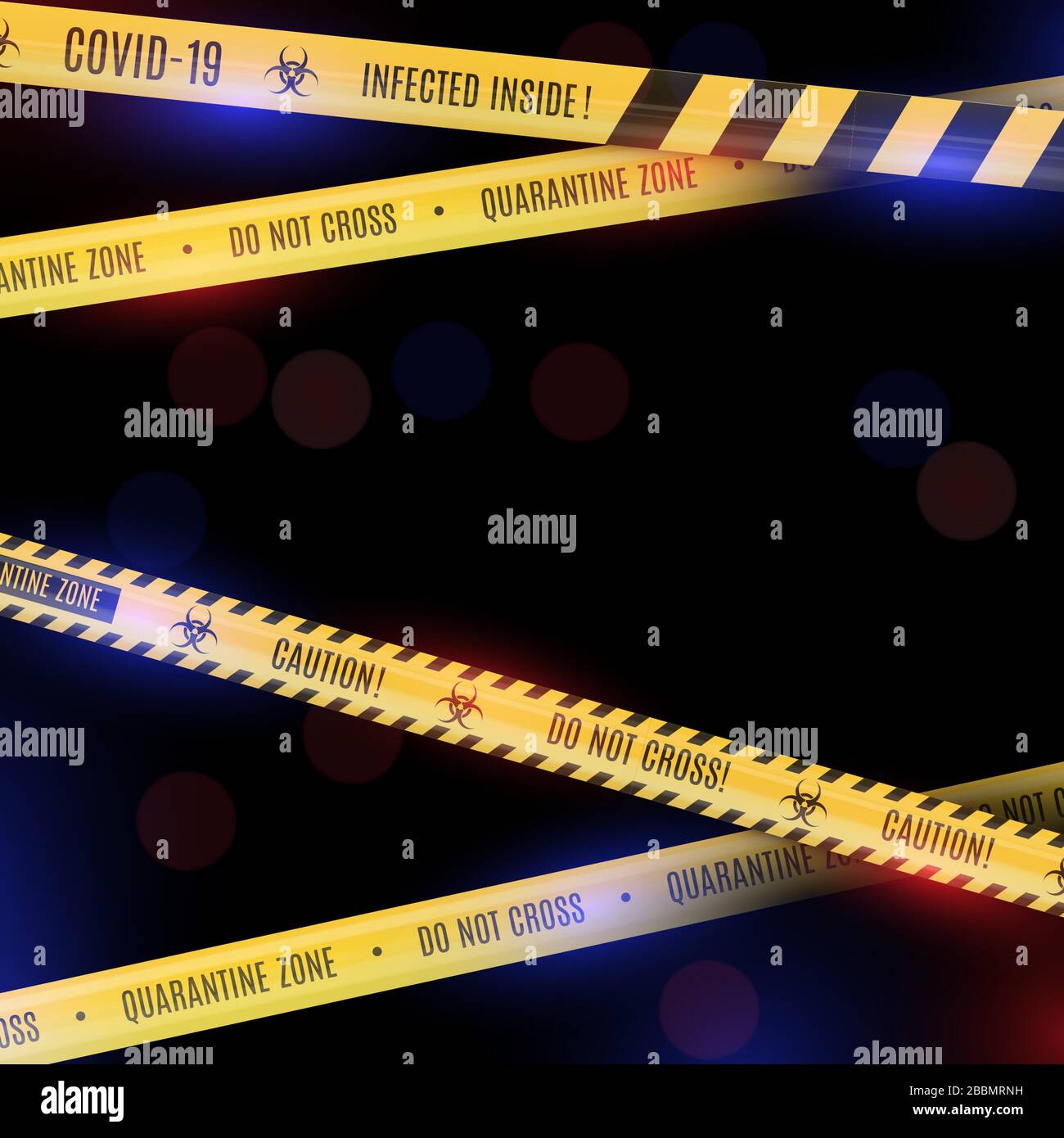 Sfondo mistico bokeh con nastri poetici a strisce gialle nastri di avvertimento sui pericoli di coronavirus e quarantena. Illustrazione Vettoriale