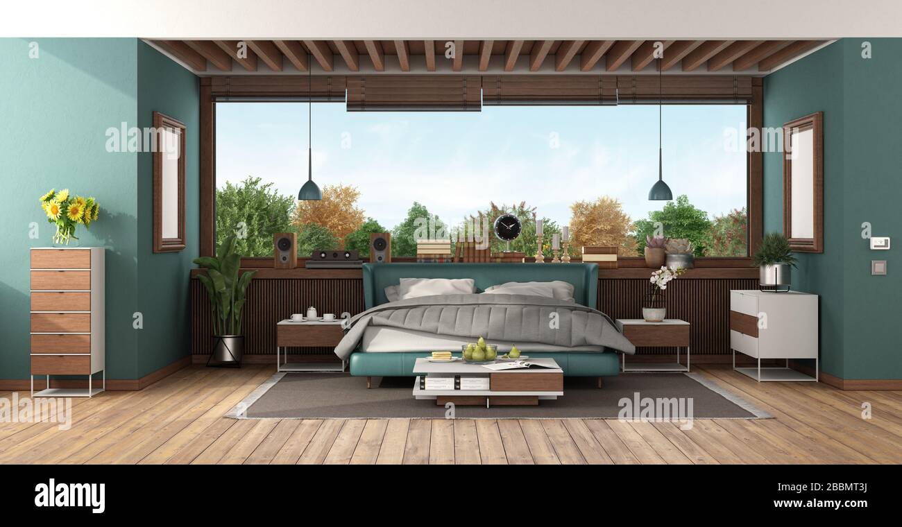 Suite Luxury con letto matrimoniale verde, soffitto in legno e grandi finestre - 3d rendering Foto Stock