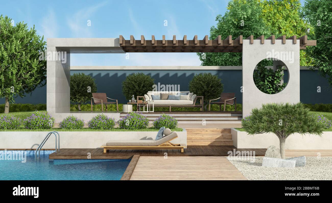 Giardino di lusso con gazebo in cemento, mobili da esterno e chaise longue  a bordo piscina - 3d rendering Foto stock - Alamy