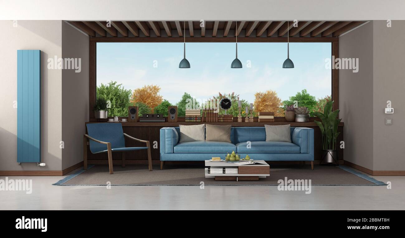 Moderno soggiorno con mobili blu e grande finestra sullo sfondo 3d rendering Foto Stock