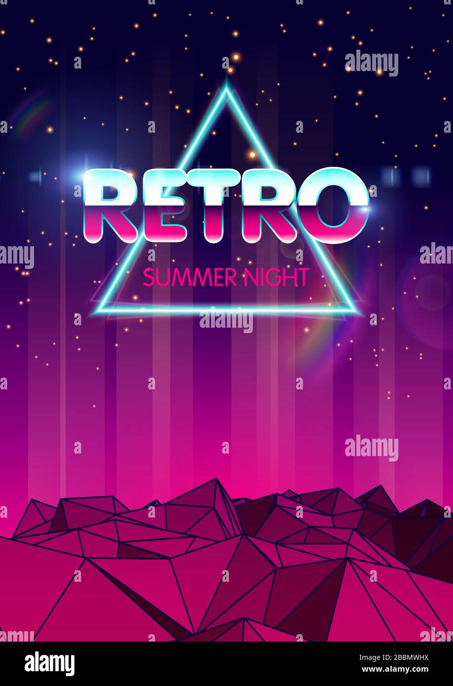 Futuro retrò in stile 1980. Futuristico volantino o copertina album musicale. Sfondo fantascientifico. 80s Party background. Retro Wave Space con Montagne e raggi laser. Illustrazione Vettoriale