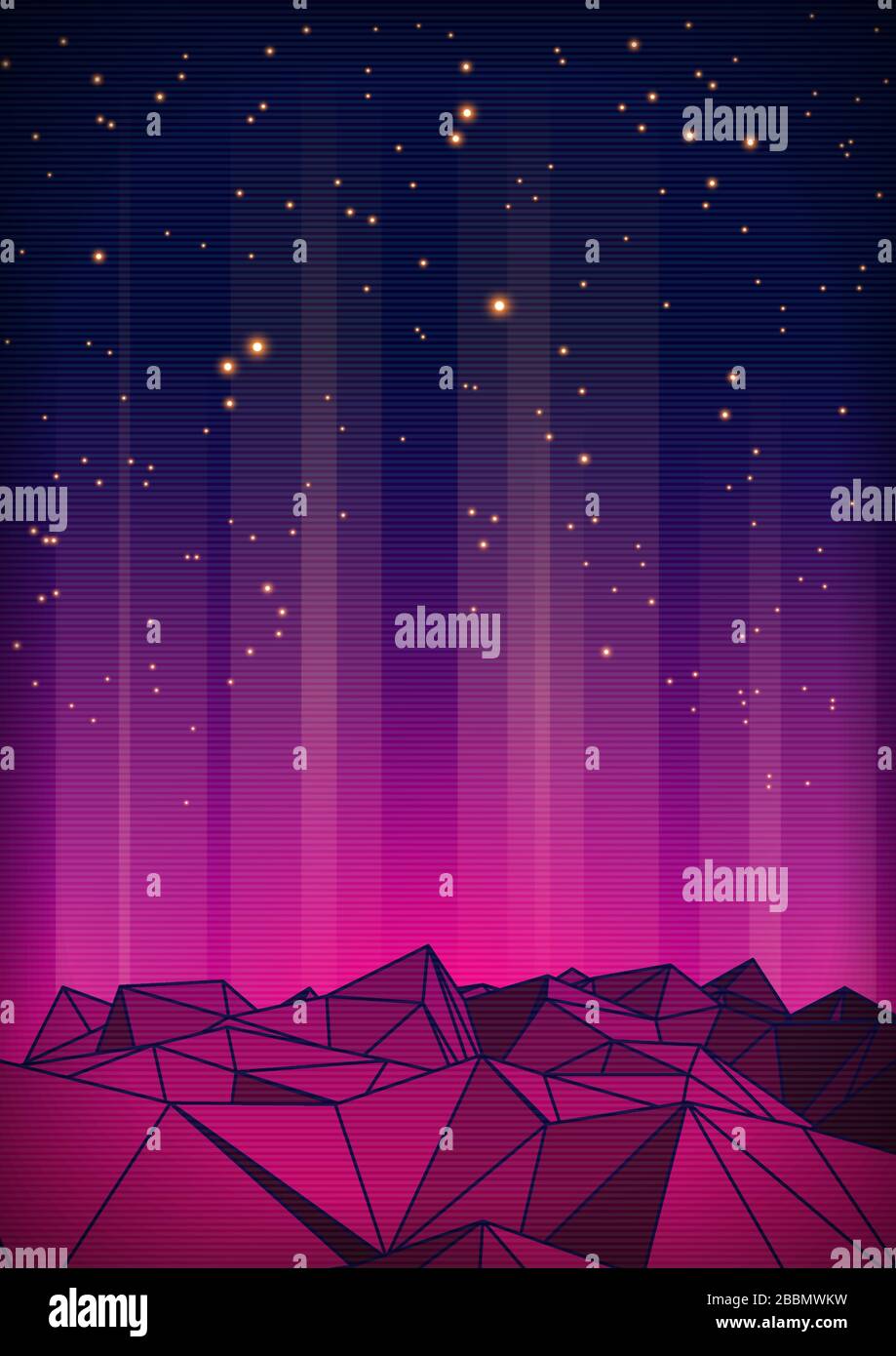 Paesaggio futuristico retro con montagne e laser Rays.1980s stile 3d illustrazione. Il panorama digitale in un mondo Cyber. Retro 80s Fashion Sci-Fi sfondo paesaggio per l'uso come Party Flyer Illustrazione Vettoriale