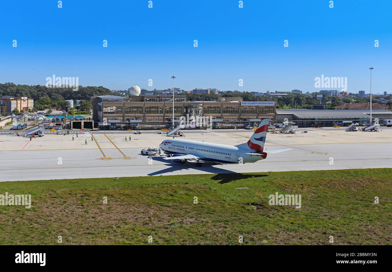 Foto aerea del terminal e del piazzale dell'aeroporto internazionale di Port Elizabeth. Foto Stock