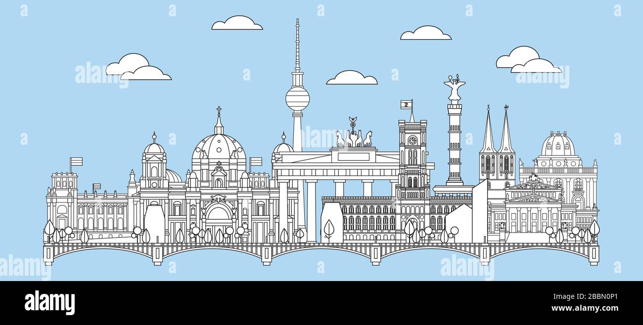 Panoramica linea vettoriale illustrazione dei punti di riferimento di Berlino, Germania. Illustrazione vettoriale monocromatica dello skyline di Berlino isolata su blu. Mosca vettore Illustrazione Vettoriale