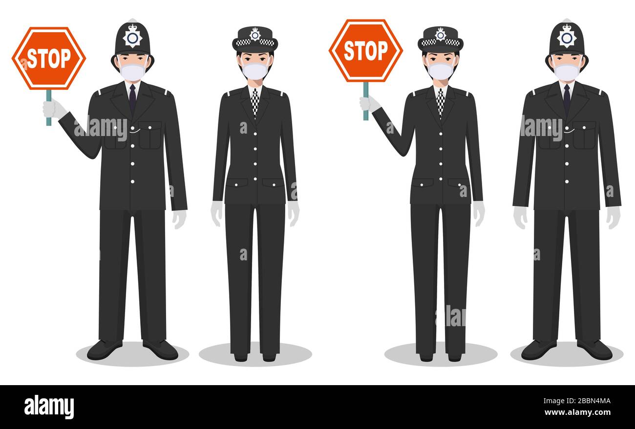 Concetto di polizia e quarantena. Coppia di poliziotti e poliziotti britannici in uniformi tradizionali e maschere protettive in piedi insieme su bianco Illustrazione Vettoriale