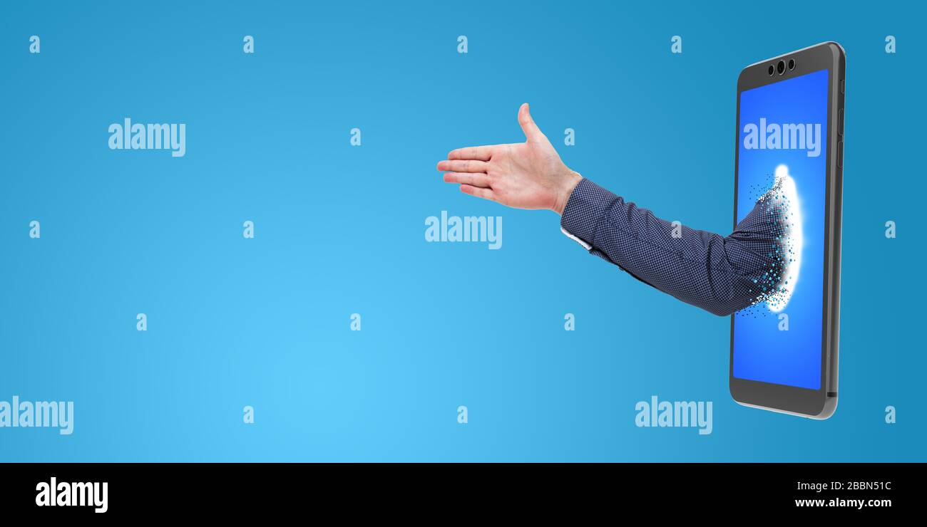 Mano che si attacca da uno smartphone 3D rendering e sfondo blu immagine reale Foto Stock