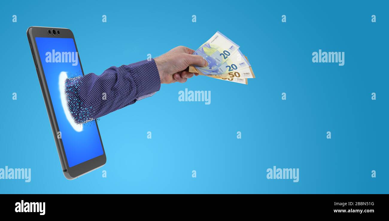 Mano con euro che si stacchino uno smartphone 3D rendering Foto Stock
