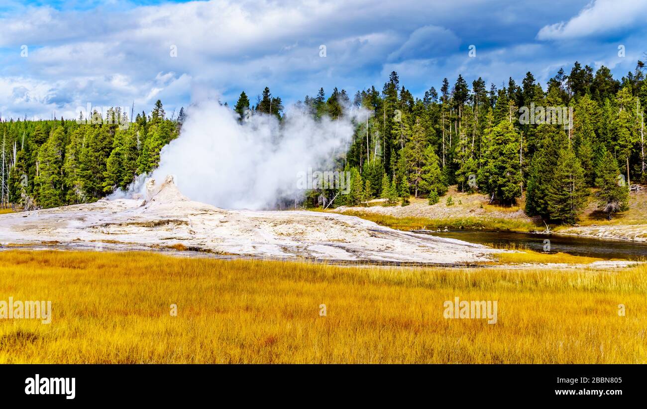 Acqua calda dal giant Geyser che scorre nel fiume Firehole nel Bacino del Geyser superiore lungo il Continental divide Trail a Yellowstone Foto Stock